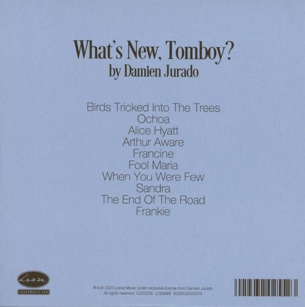 CD-Cover mit blauem Hintergrund und Titelliste, betitelt 'What's New, Tomboy?' von Damien Jurado.