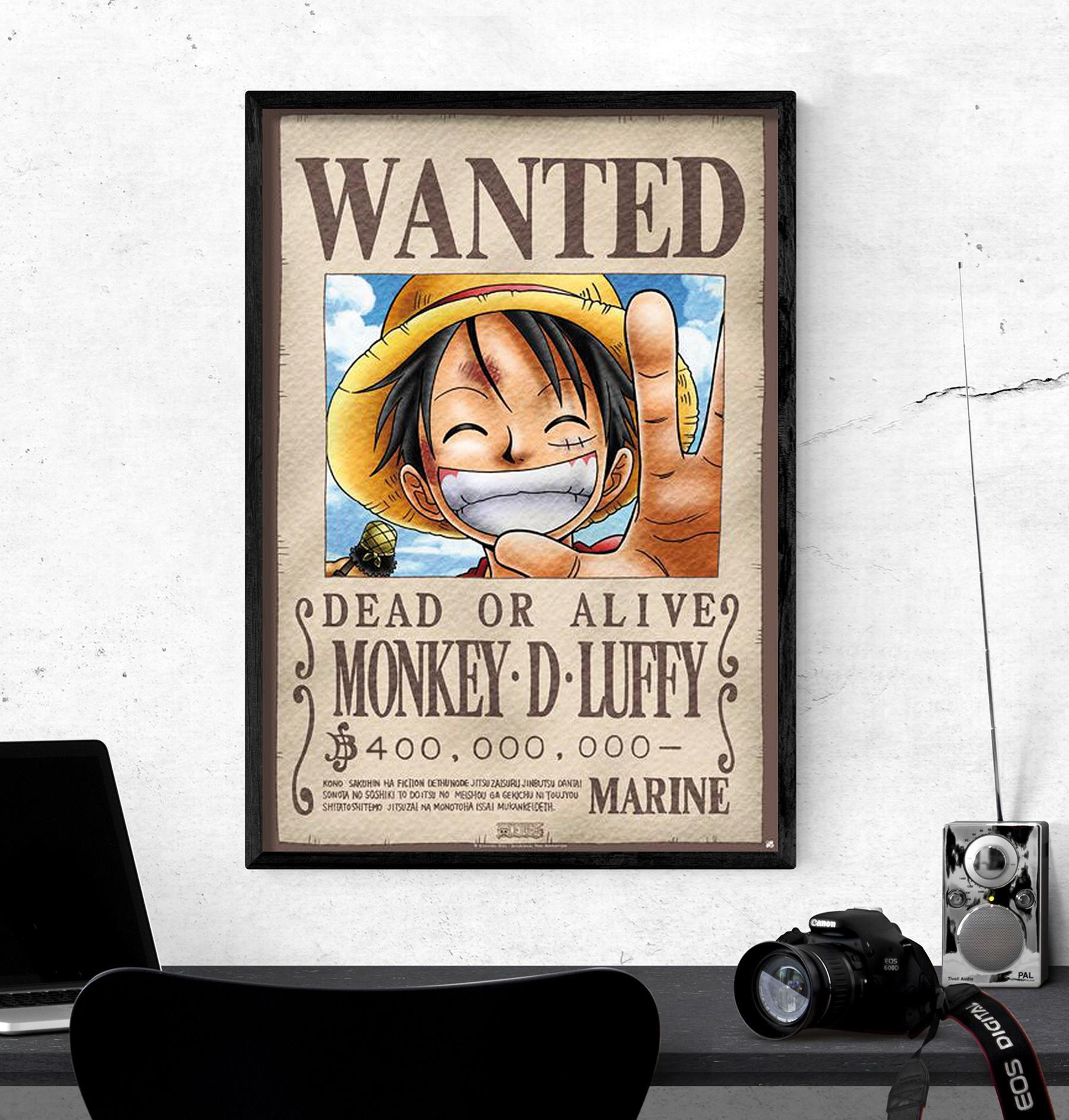 Gesuchter-Poster für Monkey D. Luffy. Bild zeigt eine Illustration von Luffy mit seinem gesuchten Preis.