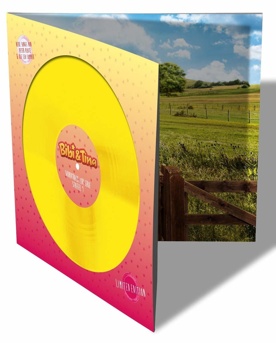 Gelbe Schallplatte mit Albumcover. Im Hintergrund ein Tor und Feld.