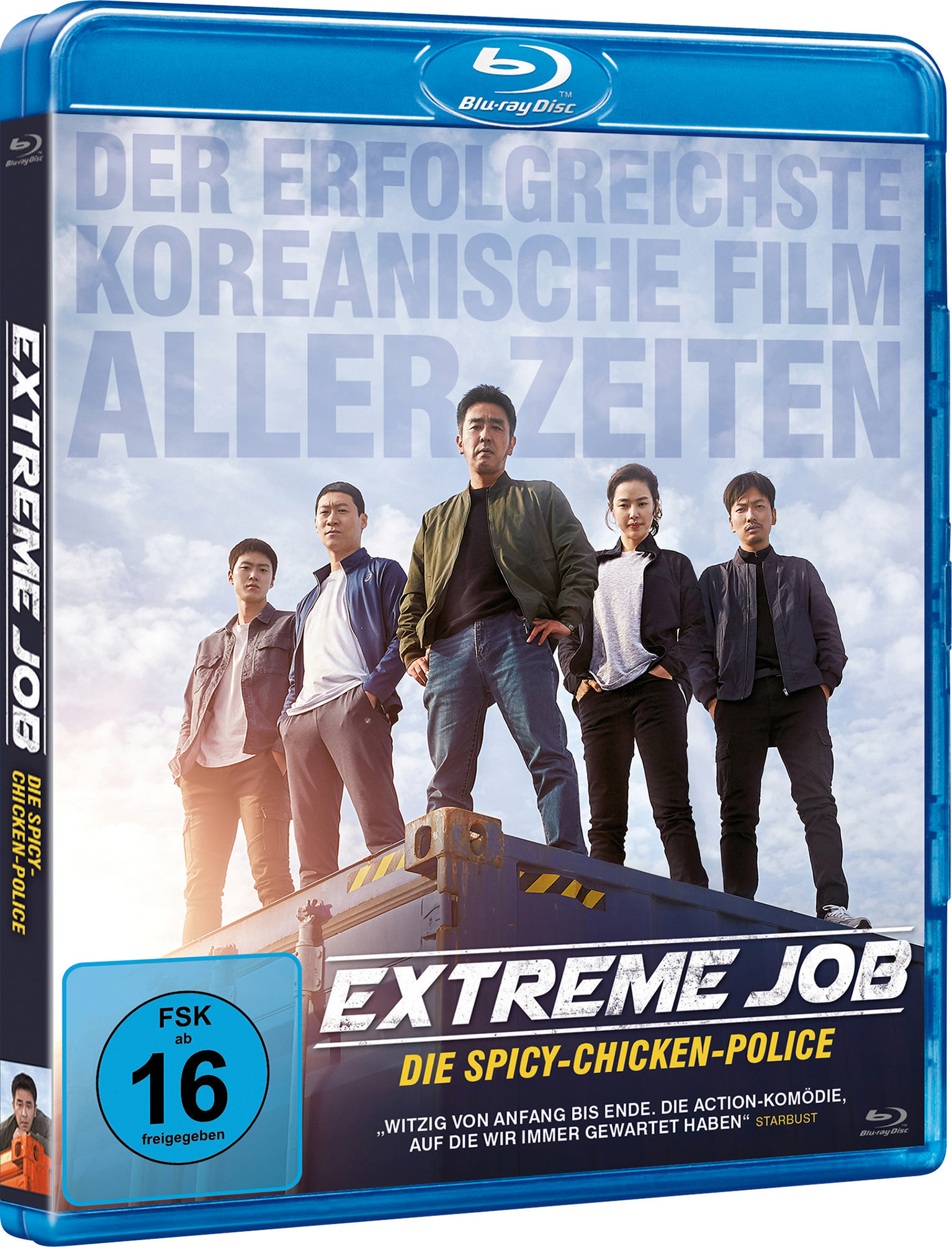 Blu-ray-Disc-Cover für 'Extreme Job'. Fünf Personen stehen auf einem Container.