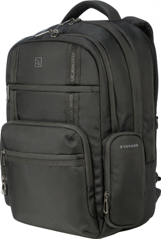 Sac à dos noir avec plusieurs compartiments et une poignée.