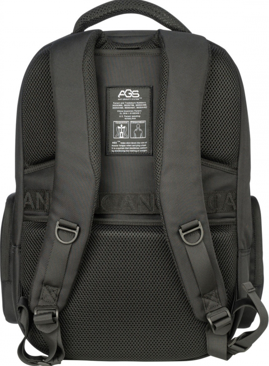 Vue arrière d'un sac à dos noir. Deux bretelles, panneau dorsal en maille avec logo et boucles.