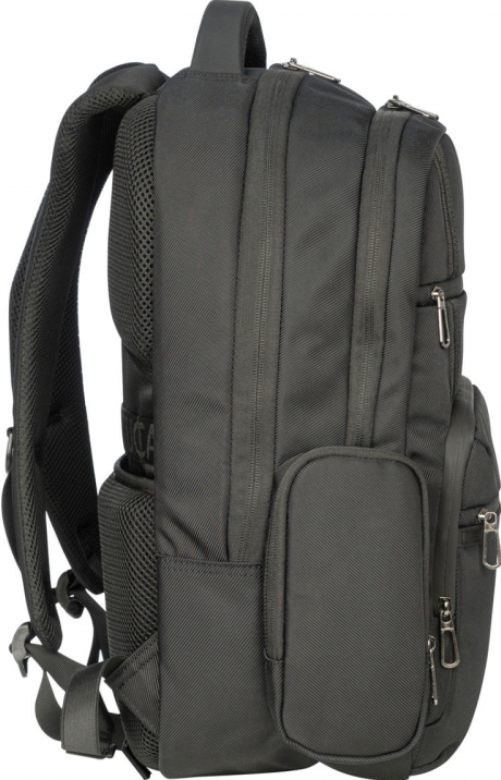 Sac à dos noir avec plusieurs compartiments zippés et un support dorsal rembourré.