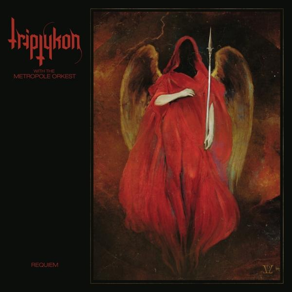 Pochette d'album avec une figure vêtue de rouge tenant une lance. Fond noir.