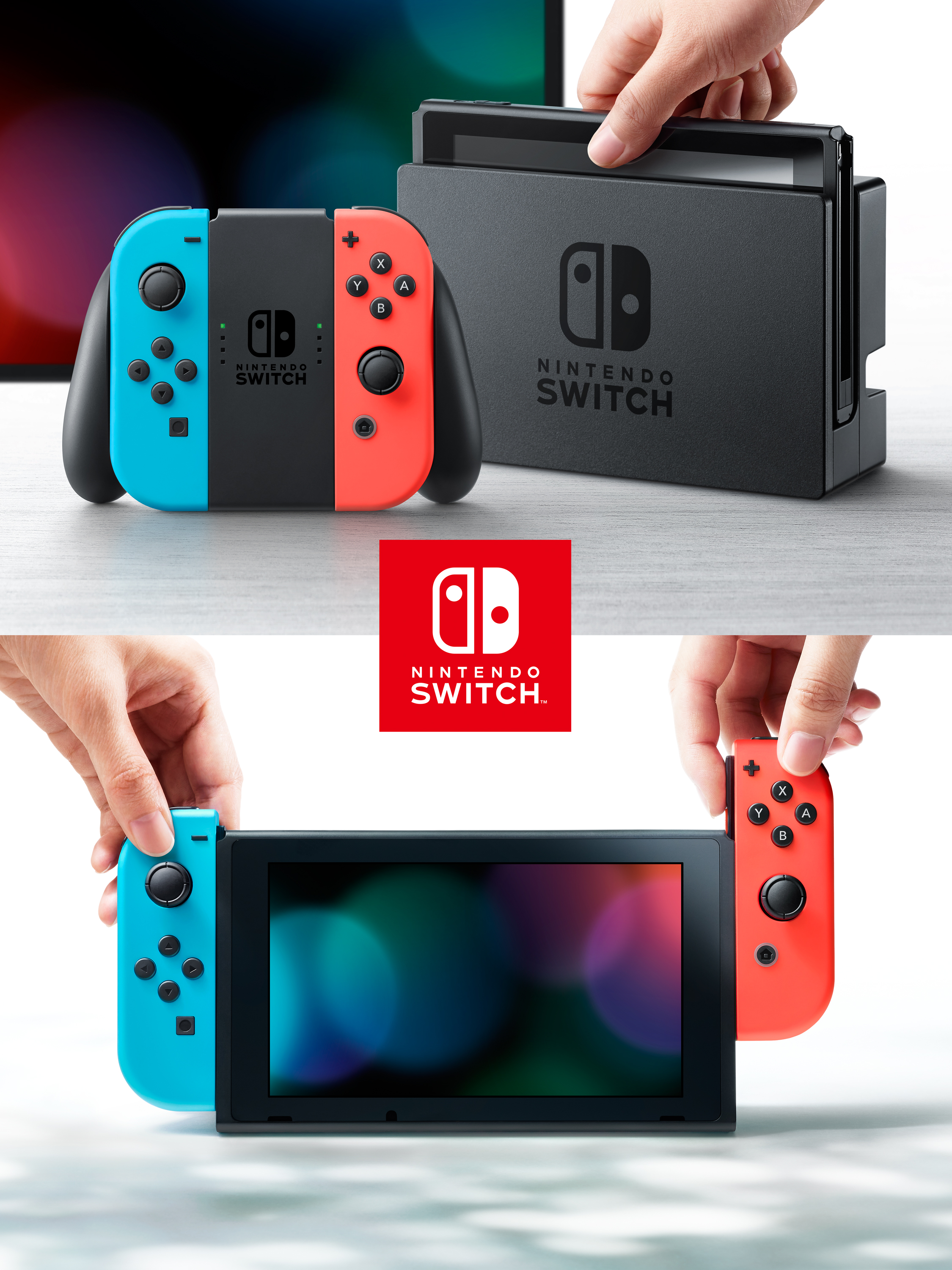 Çeşitli konfigürasyonlarda gösterilen Nintendo Switch konsolu ve kontrol cihazları.
