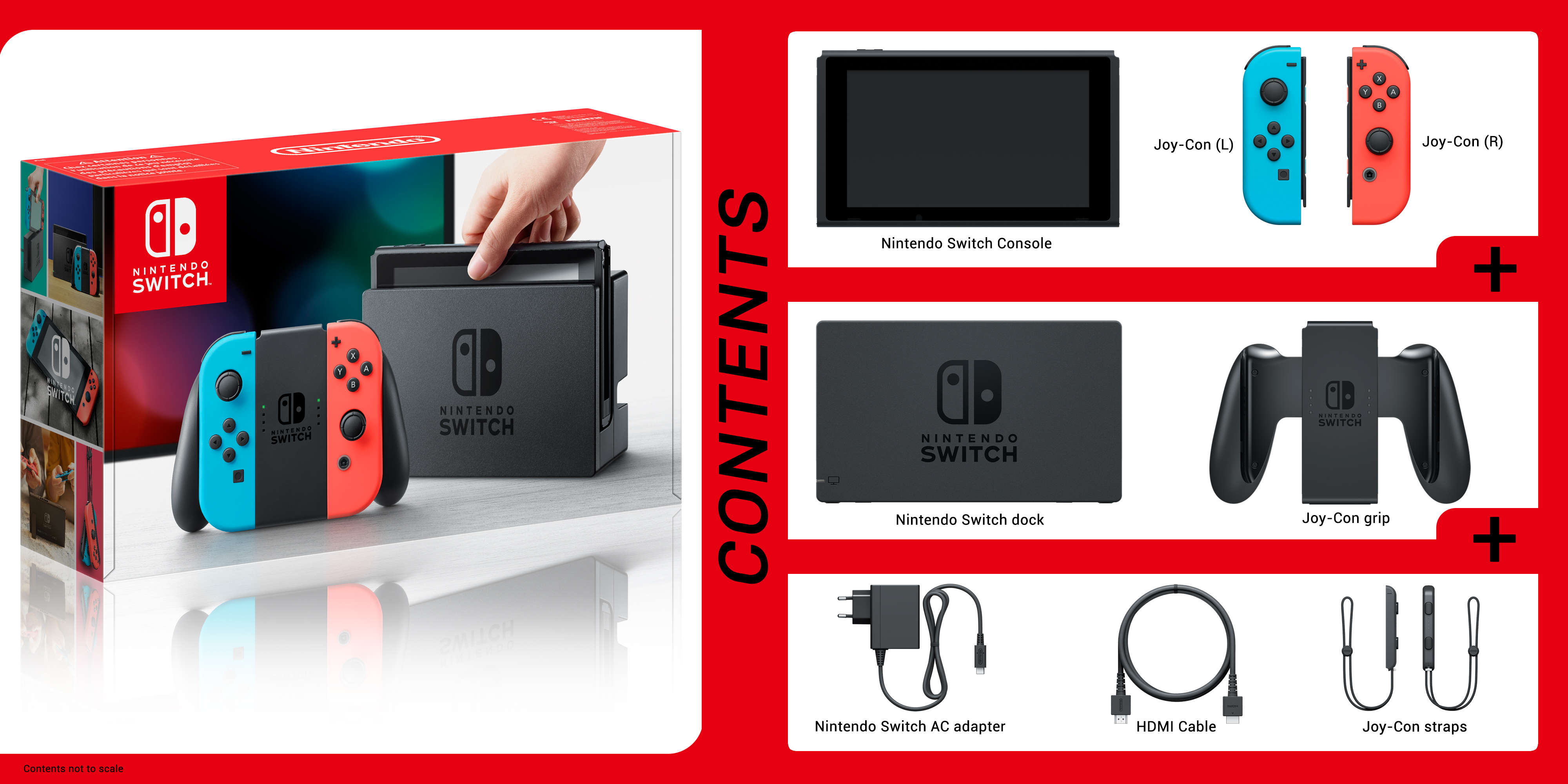 Nintendo Switch kutusu ve bileşenleri. Kutu sanatı, konsolu ve Joy-Con'u gösterir. İçindekiler arasında konsol, yuva ve kablolar bulunur.