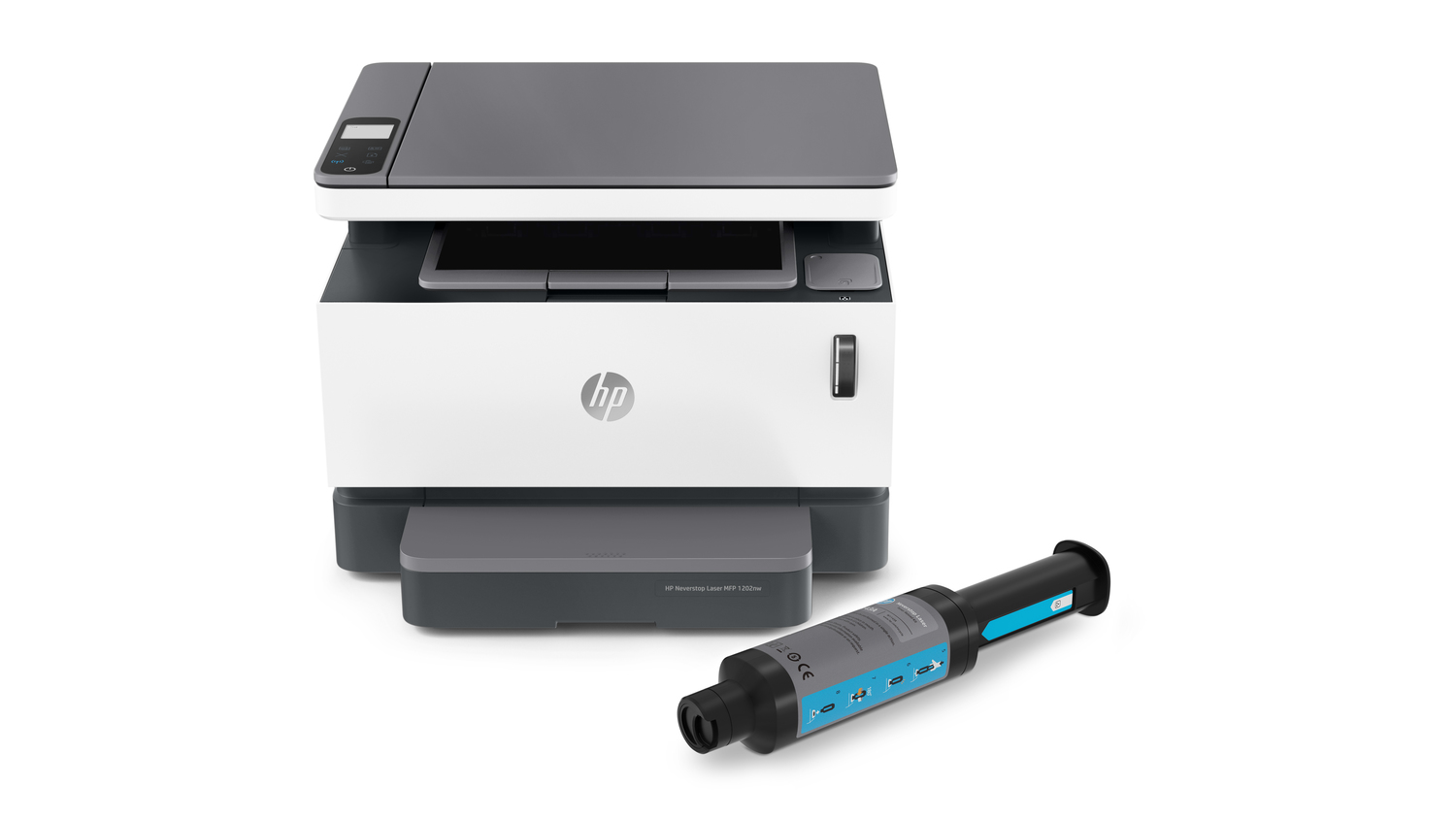 Impresora HP con cuerpo blanco y negro, cartucho de tóner cian.