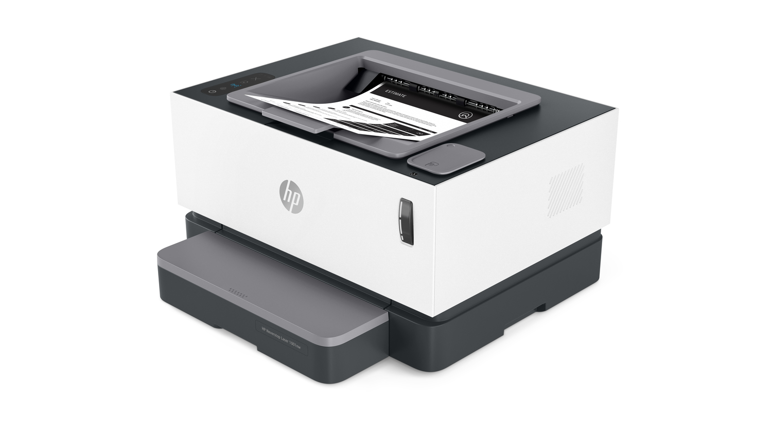 Impresora moderna con una hoja de papel encima, blanca y gris.