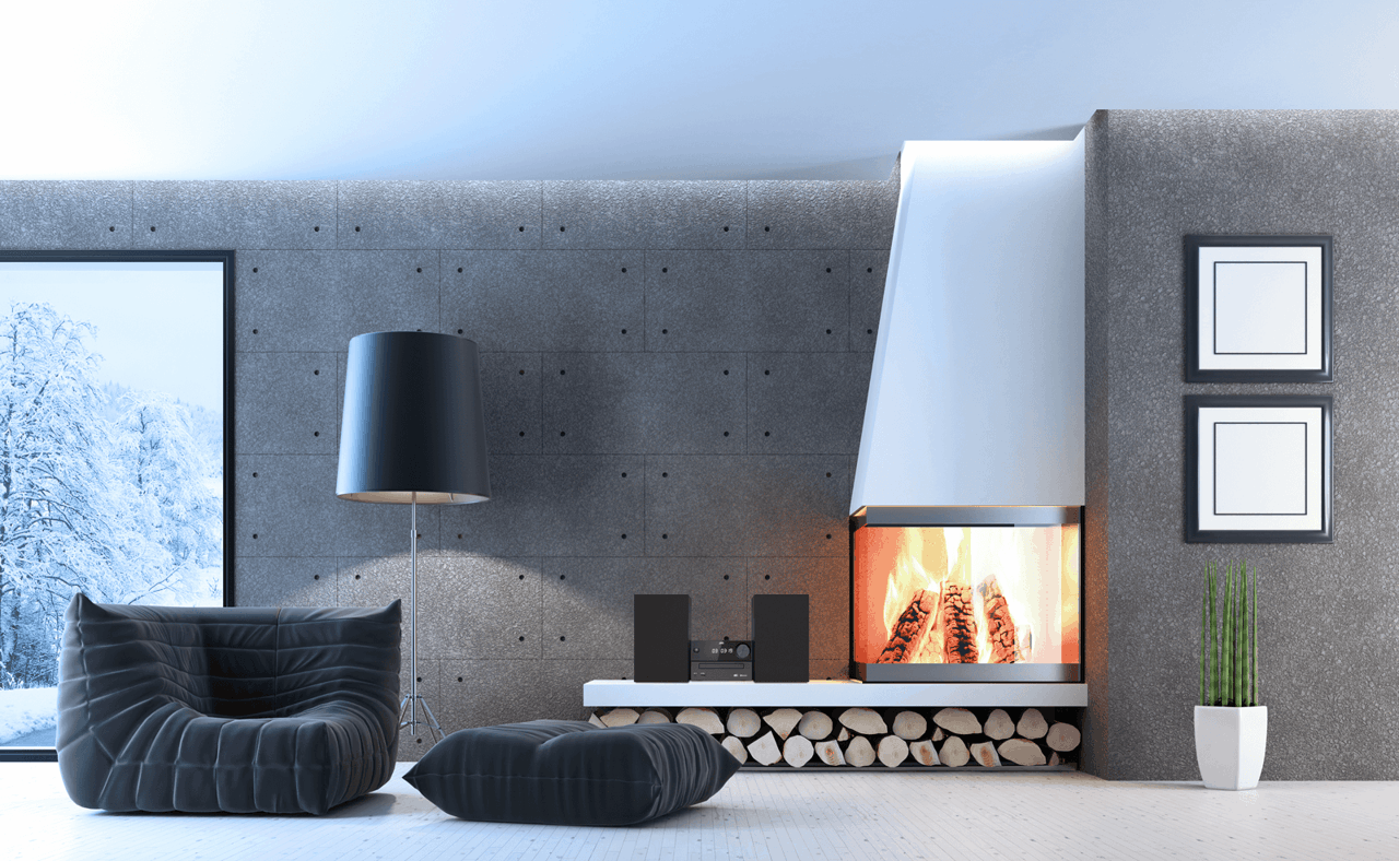 Modernes Wohnzimmer mit Kamin, schwarzem Sessel und einem gerahmten Kunstwerk.