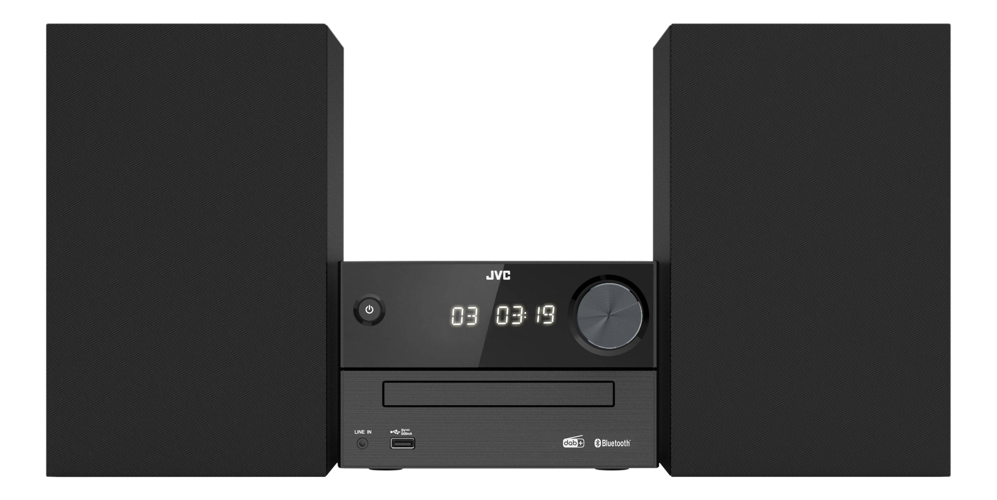 Schwarze JVC-Stereoanlage mit CD-Player, Digitalanzeige und Lautsprechern auf schwarzem Hintergrund.