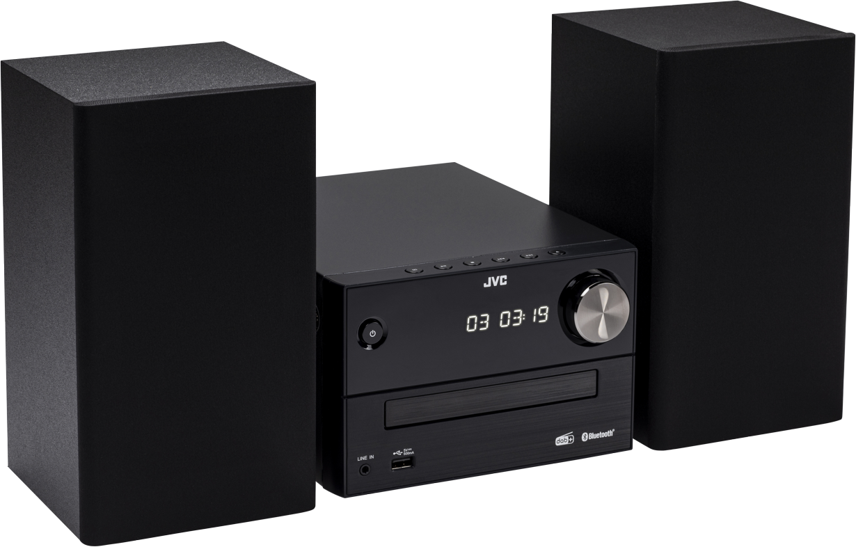 Schwarzes JVC-Stereosystem mit zwei Lautsprechern. Digitalanzeige zeigt '03 03 19'.