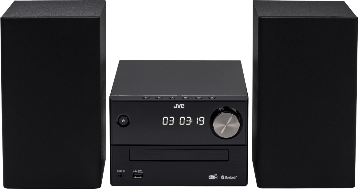 Ein JVC Mini-HiFi-System. Mit CD-Player, Lautsprechern und Zeitanzeige.