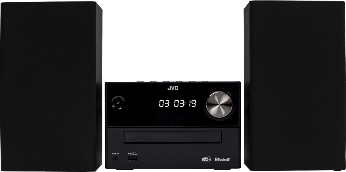 Schwarzes JVC-Stereosystem mit zwei Lautsprechern. Das Display zeigt die Uhrzeit.