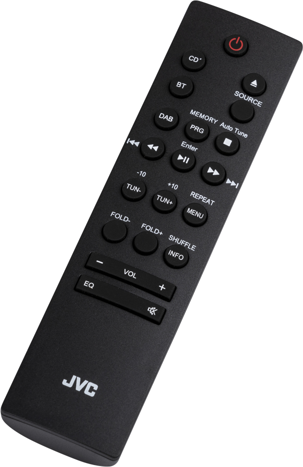 Schwarze JVC-Fernbedienung mit mehreren Tasten für verschiedene Funktionen.