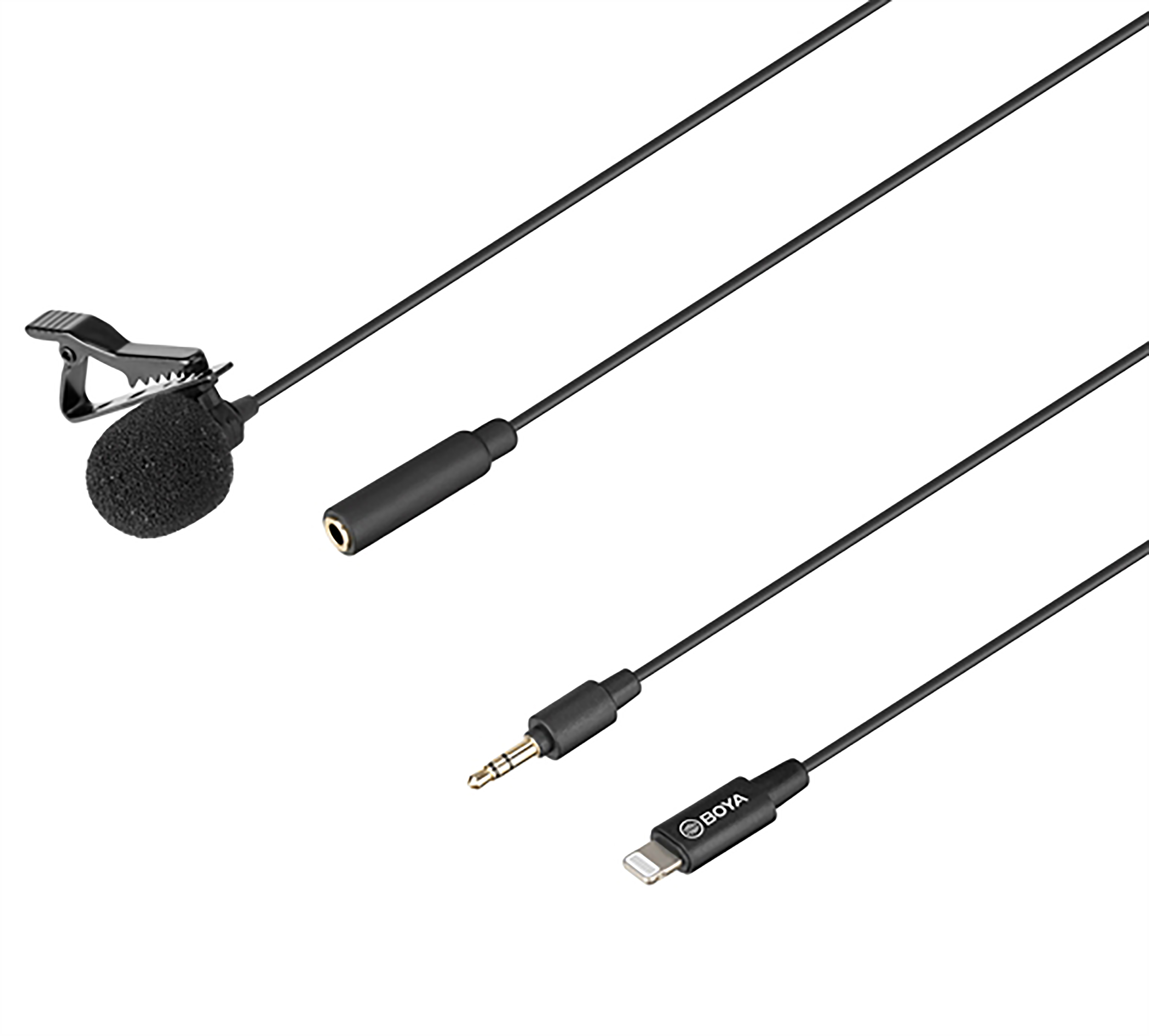 Een dasspeldmicrofoon met clip, een connector en een lightning-connector, allemaal zwart en wit.