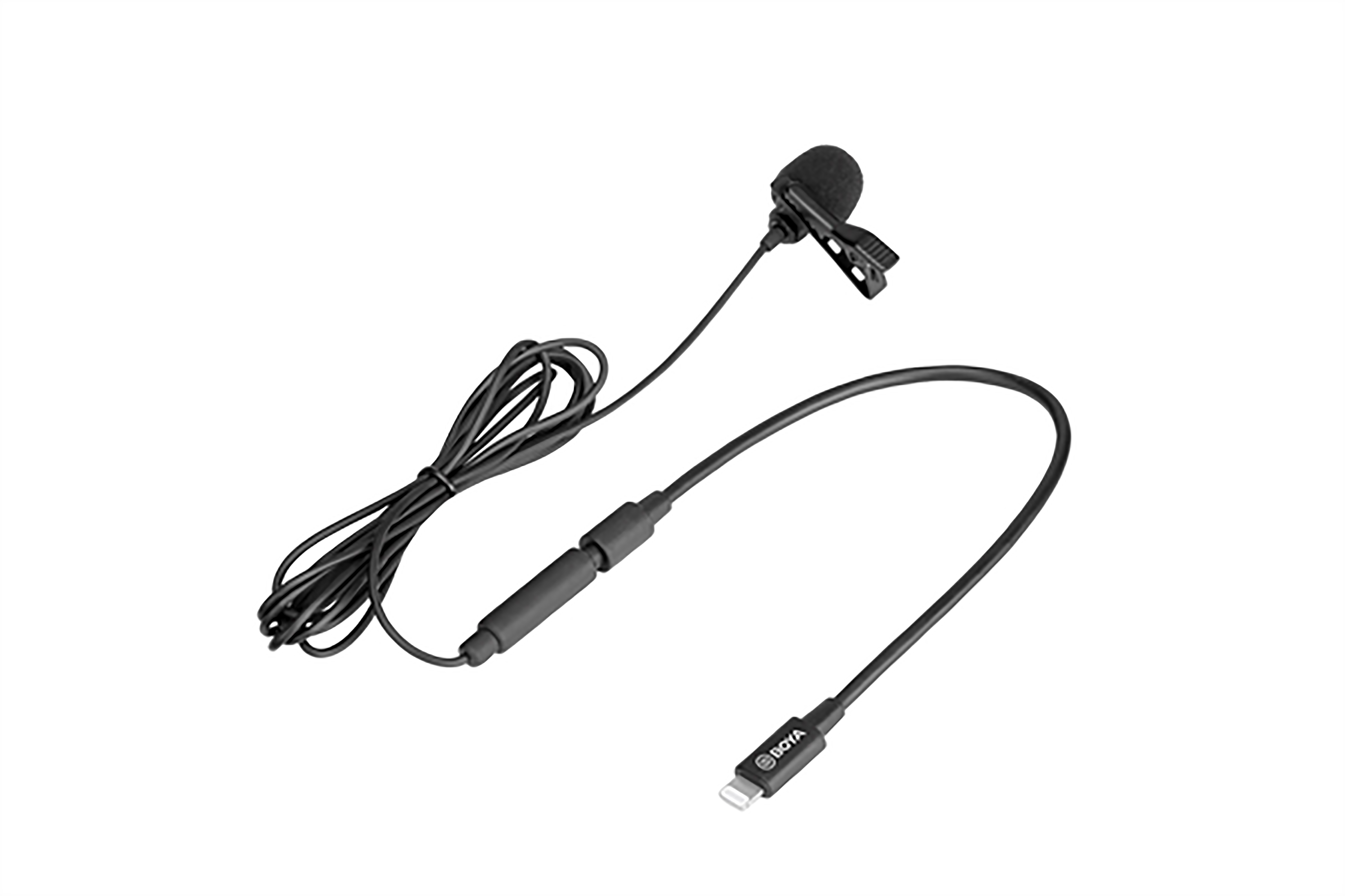 Een zwarte microfoon met een kabel en een USB-C-connector.