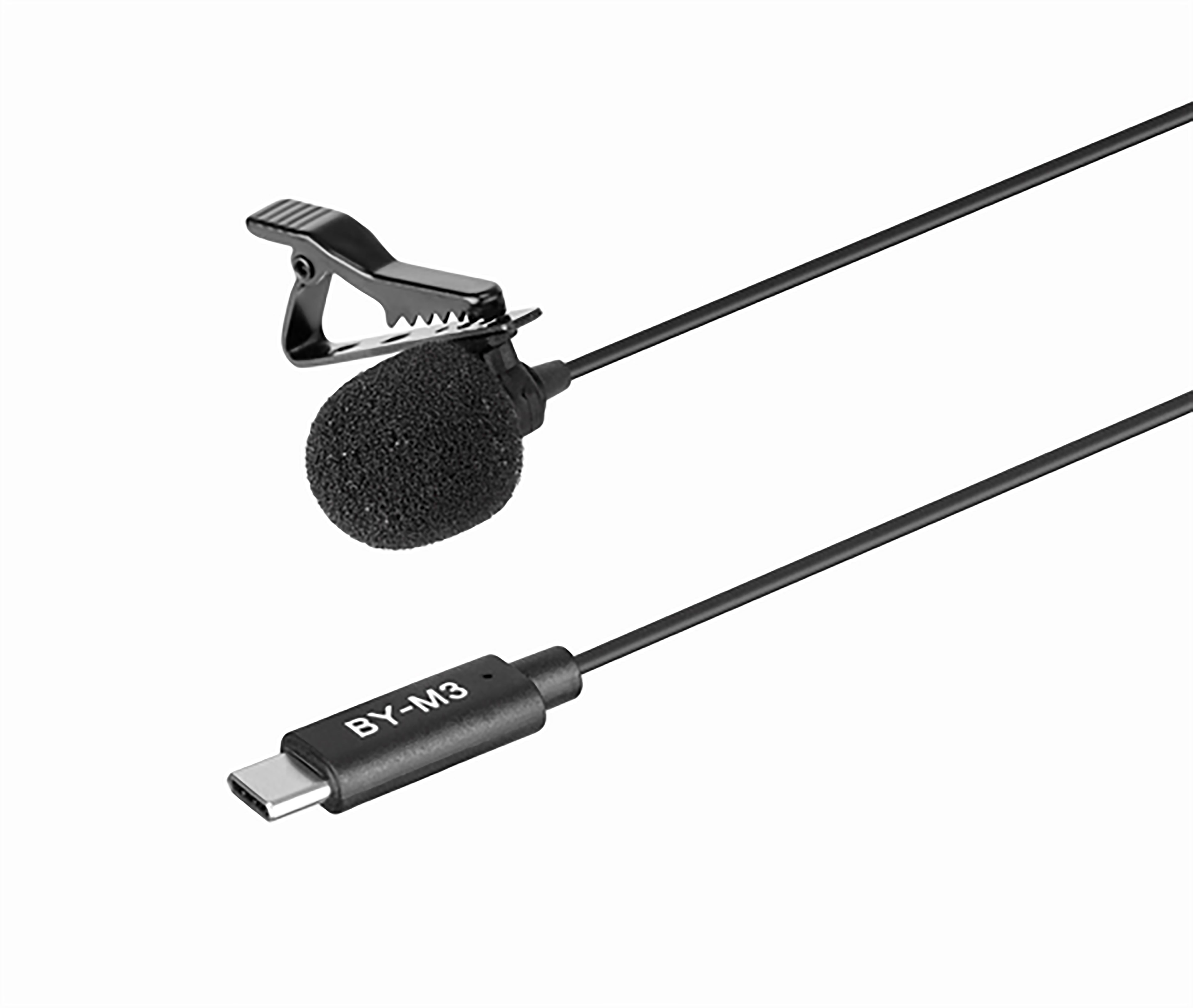 USB-C microphone with a clip-on mic, and a black cable on a white background.
