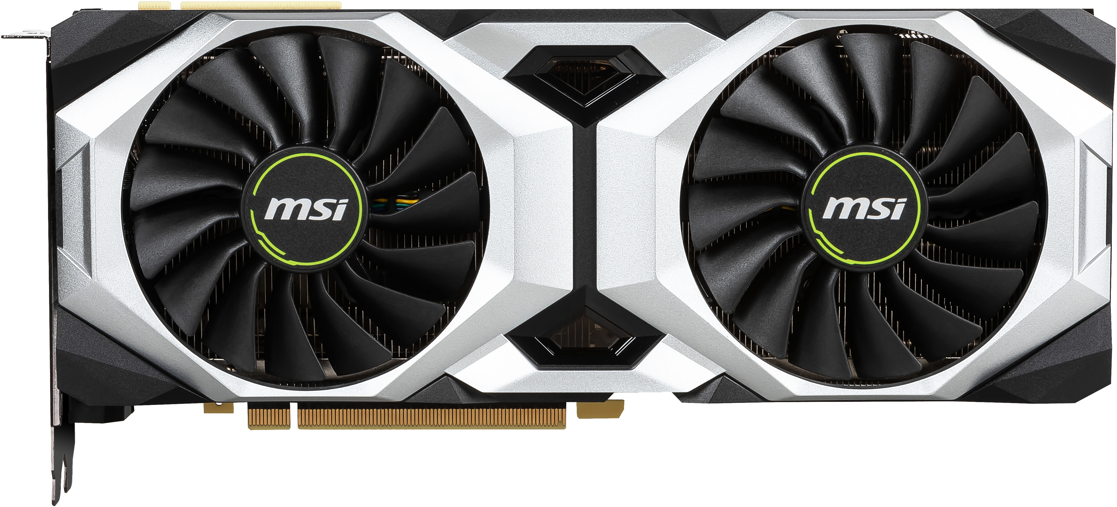 MSI-Grafikkarte mit zwei schwarzen Lüftern und silbernen Akzenten.
