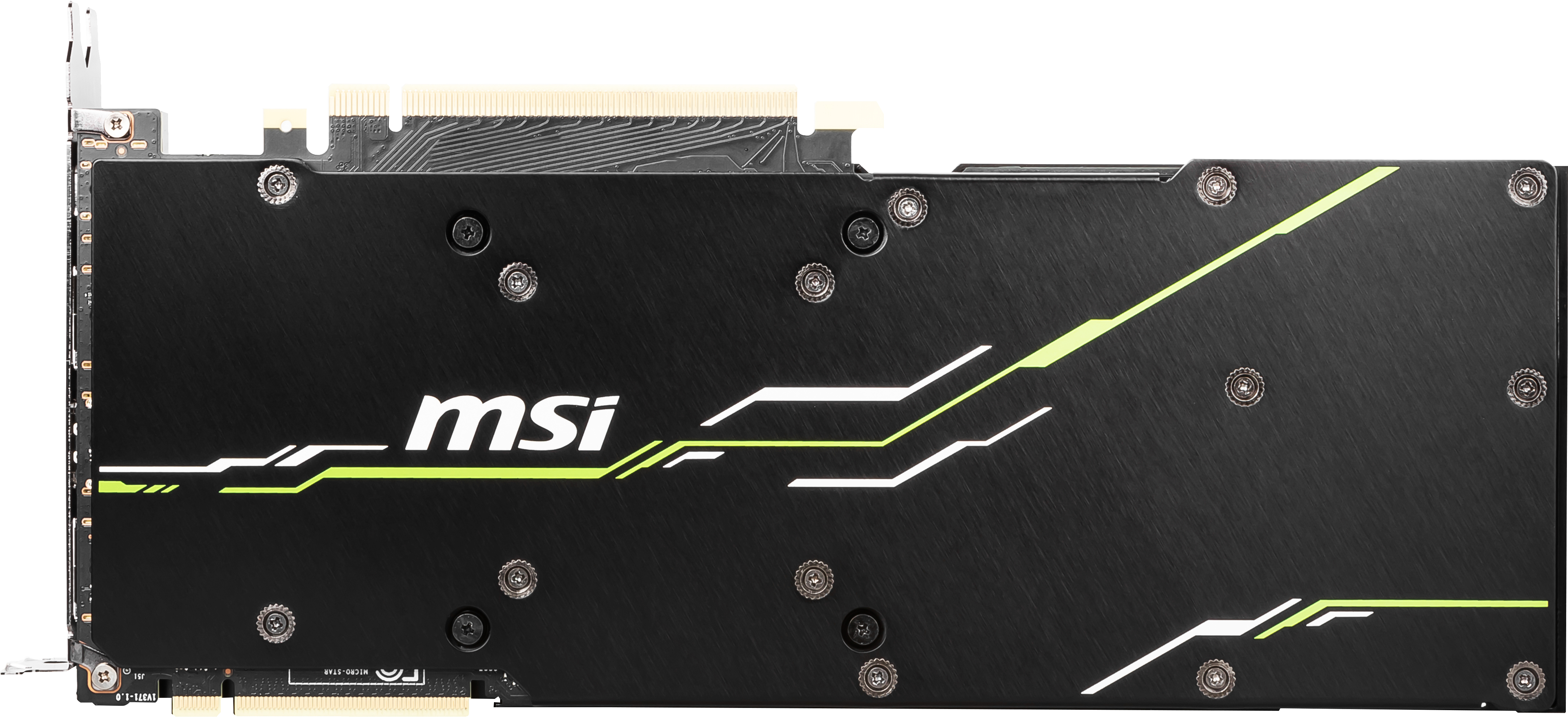 MSI Grafikkarte, schwarz mit grünen Akzenten. Weiße und grüne Linien. Weißer Hintergrund.