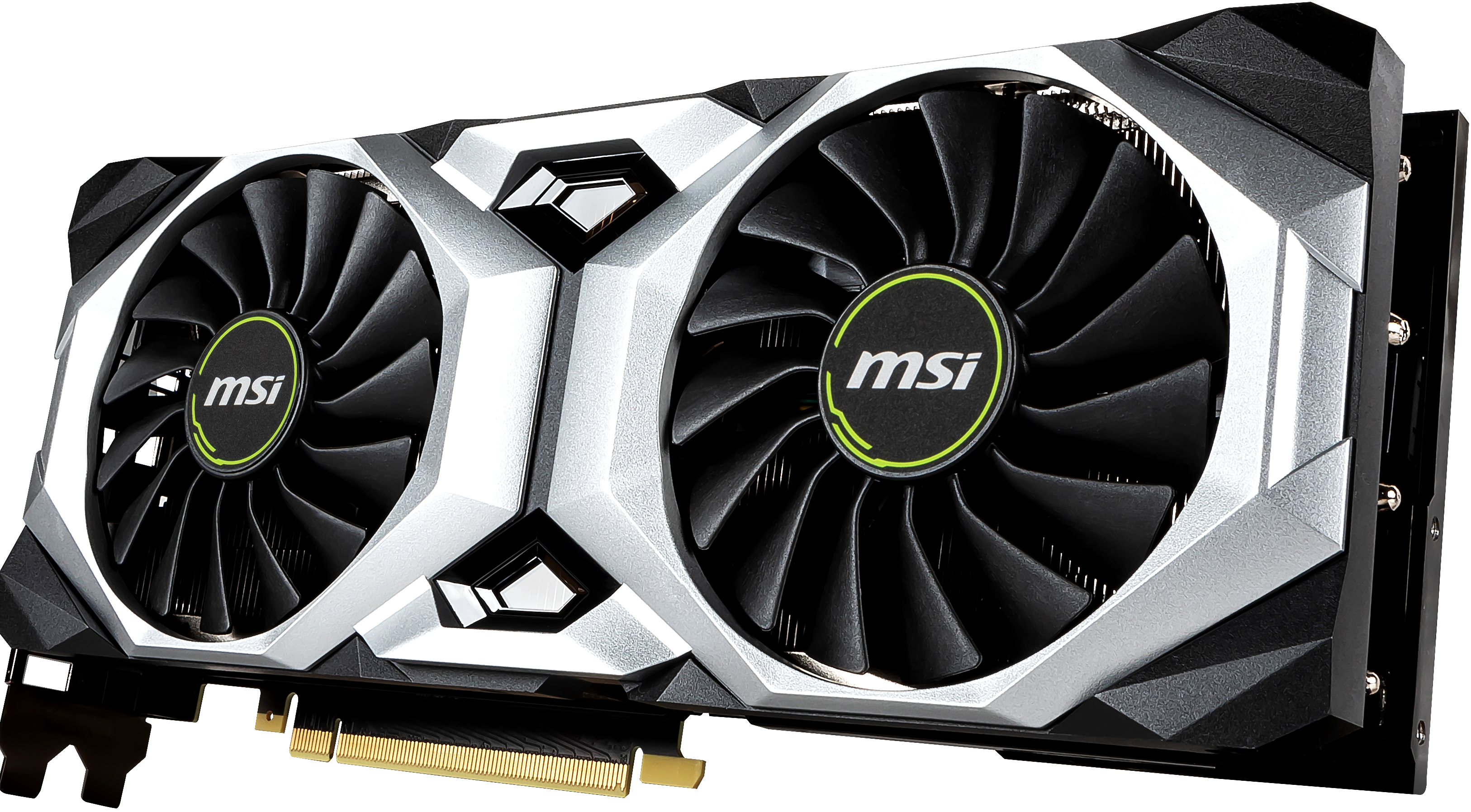 MSI-Grafikkarte mit zwei schwarzen Lüftern, silberne Akzente.