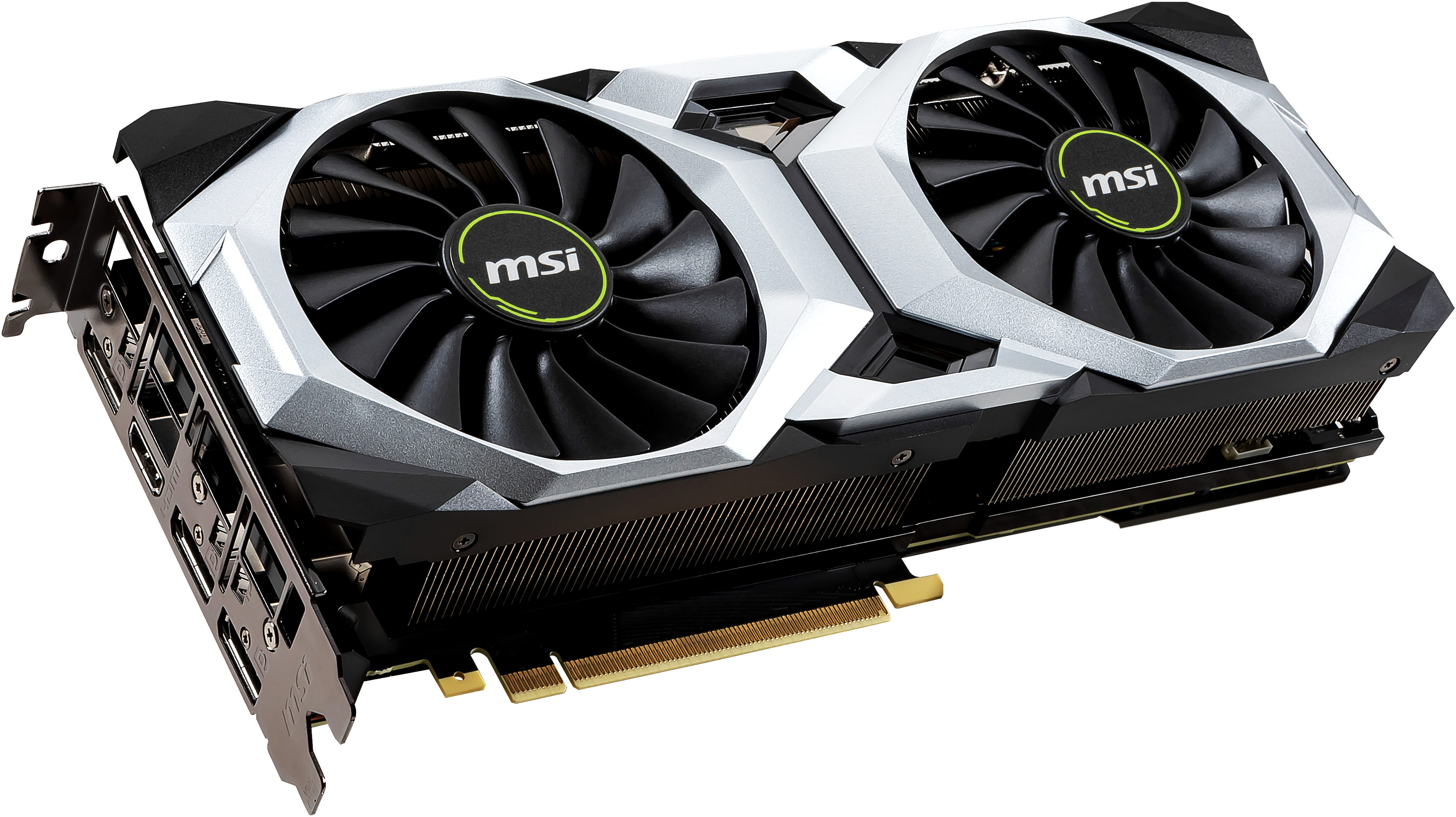 MSI-Grafikkarte mit zwei Lüftern, Silber- und Schwarz-Farbschema.