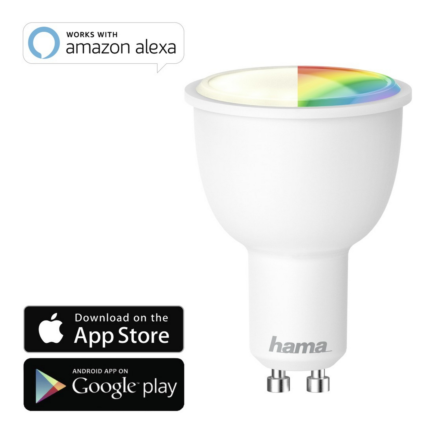 Una bombilla inteligente blanca con una parte superior de color arcoíris y logotipos de aplicaciones.
