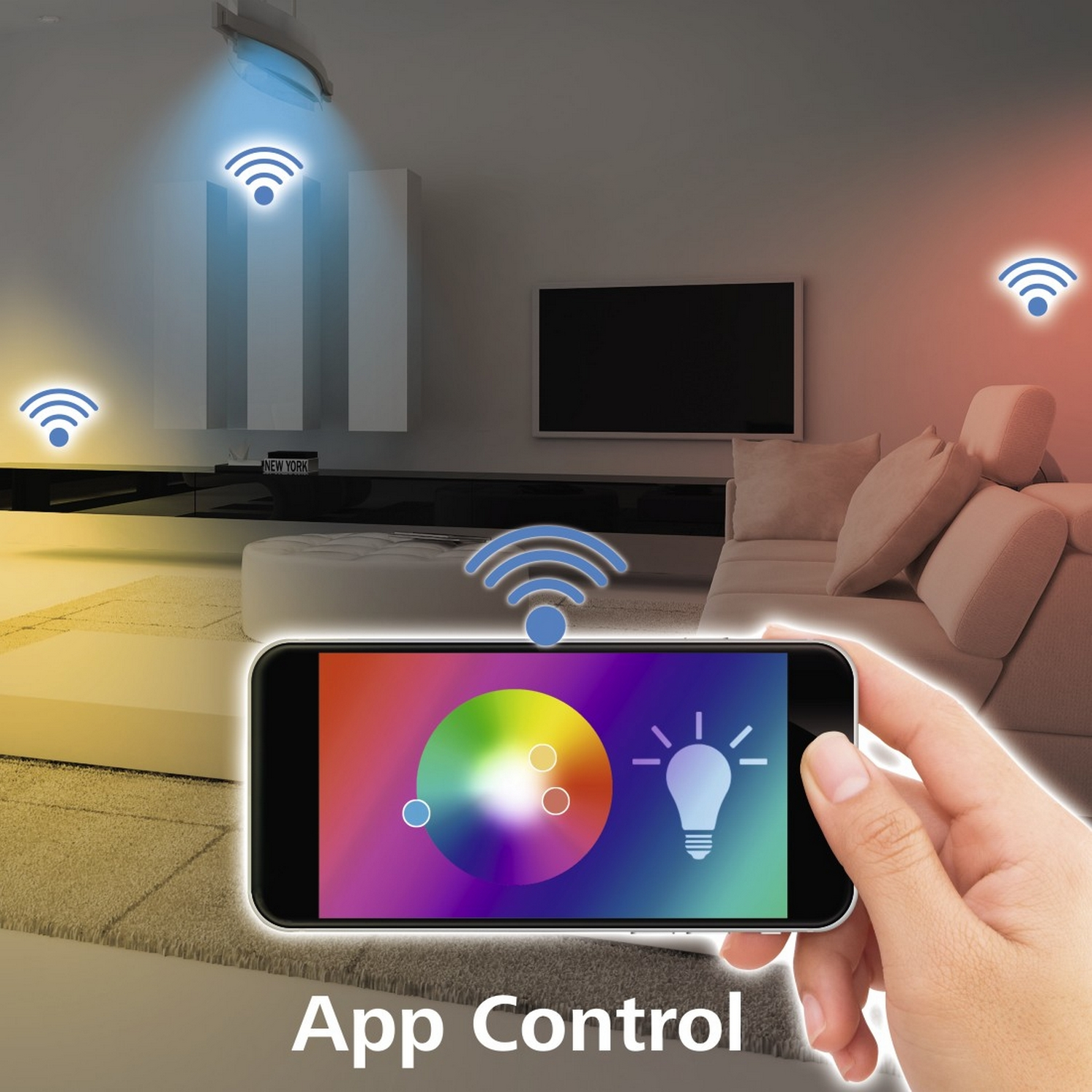 Un smartphone muestra una rueda de colores, controlando luces inteligentes. Iconos Wi-Fi.