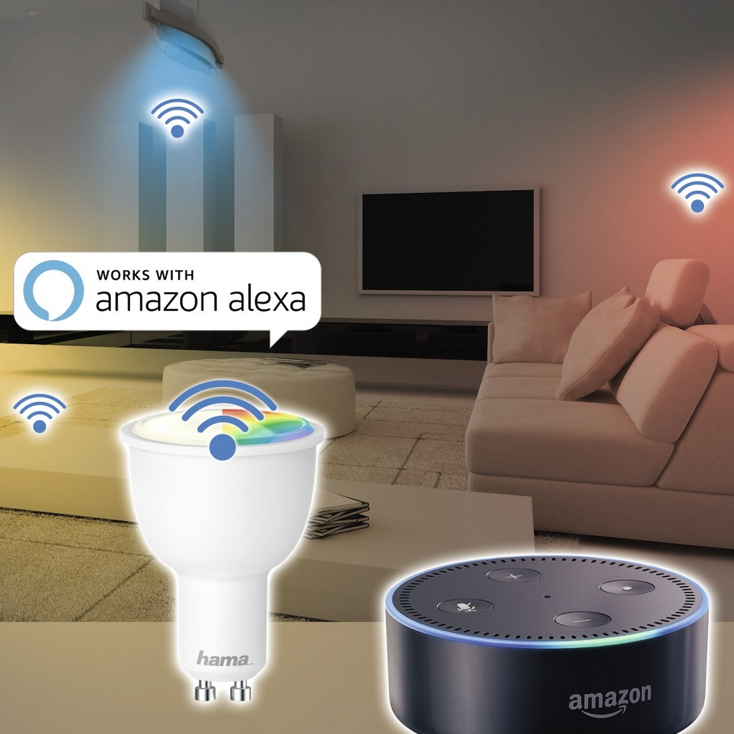 Configuración de hogar inteligente con Amazon Alexa. Se ven una bombilla inteligente, un altavoz y señales wifi.