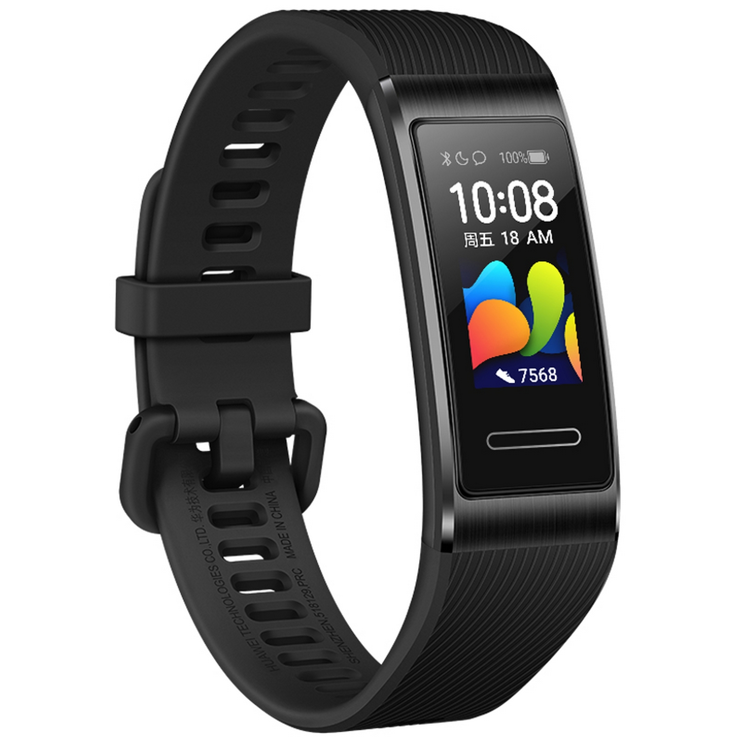 Una pulsera inteligente Huawei negra con pantalla a color, que muestra la hora y datos.