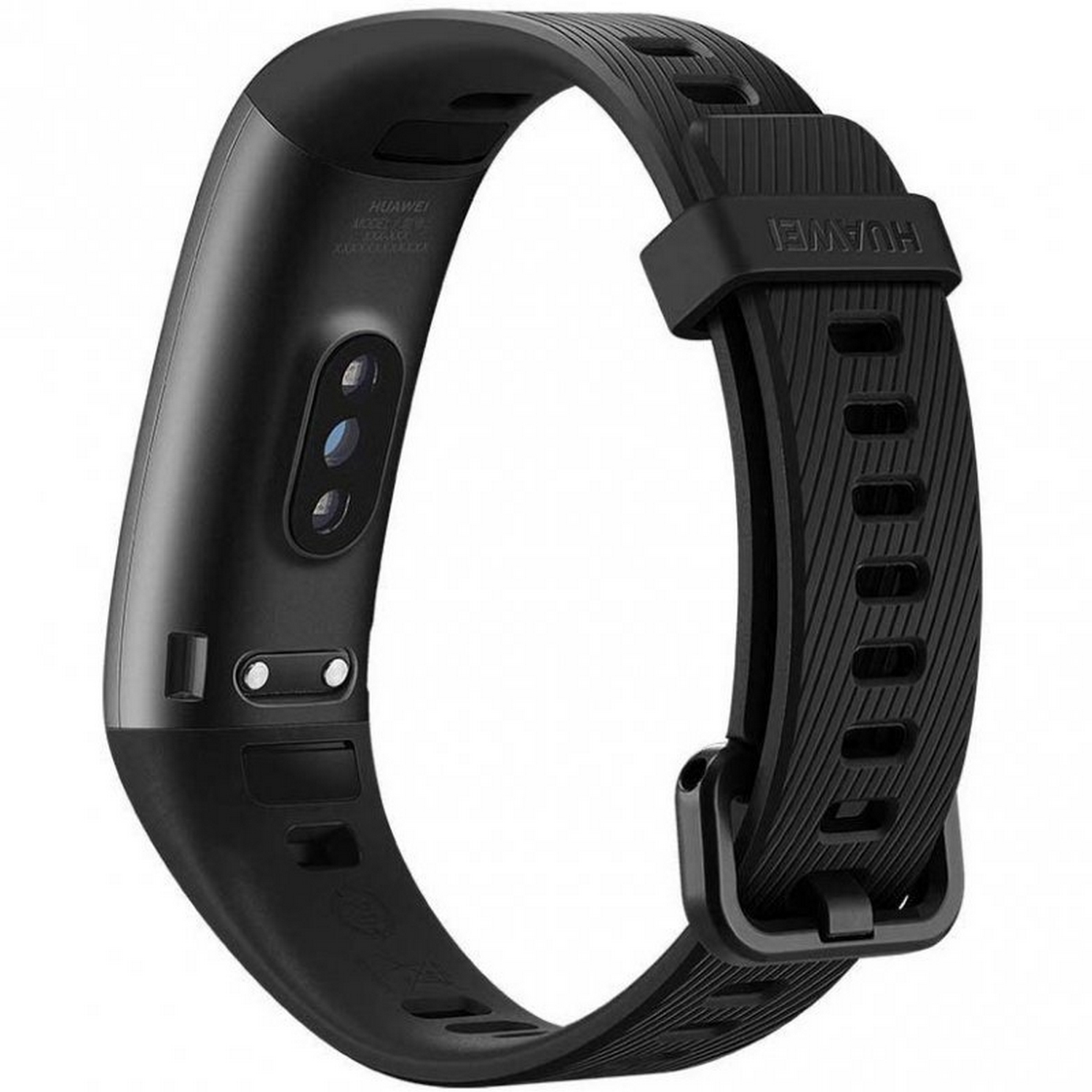 Monitor de actividad Huawei negro. La pulsera está conectada al cuerpo principal.