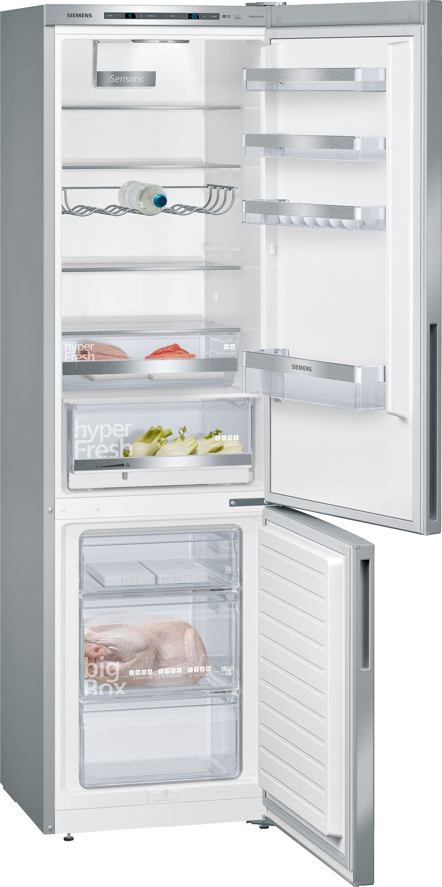 Ein geöffneter Siemens-Kühlschrank. Der obere Teil ist der Kühlschrank. Der untere Teil ist das Gefrierfach. Lebensmittel sichtbar.