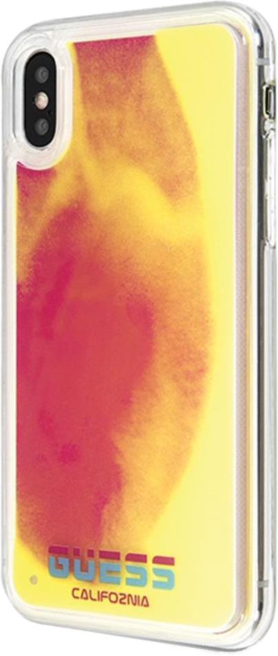 GUESS iPhone X/XS sötétben világító tok, rózsaszín, sárga homokkal (GUHCPXGLCPI)