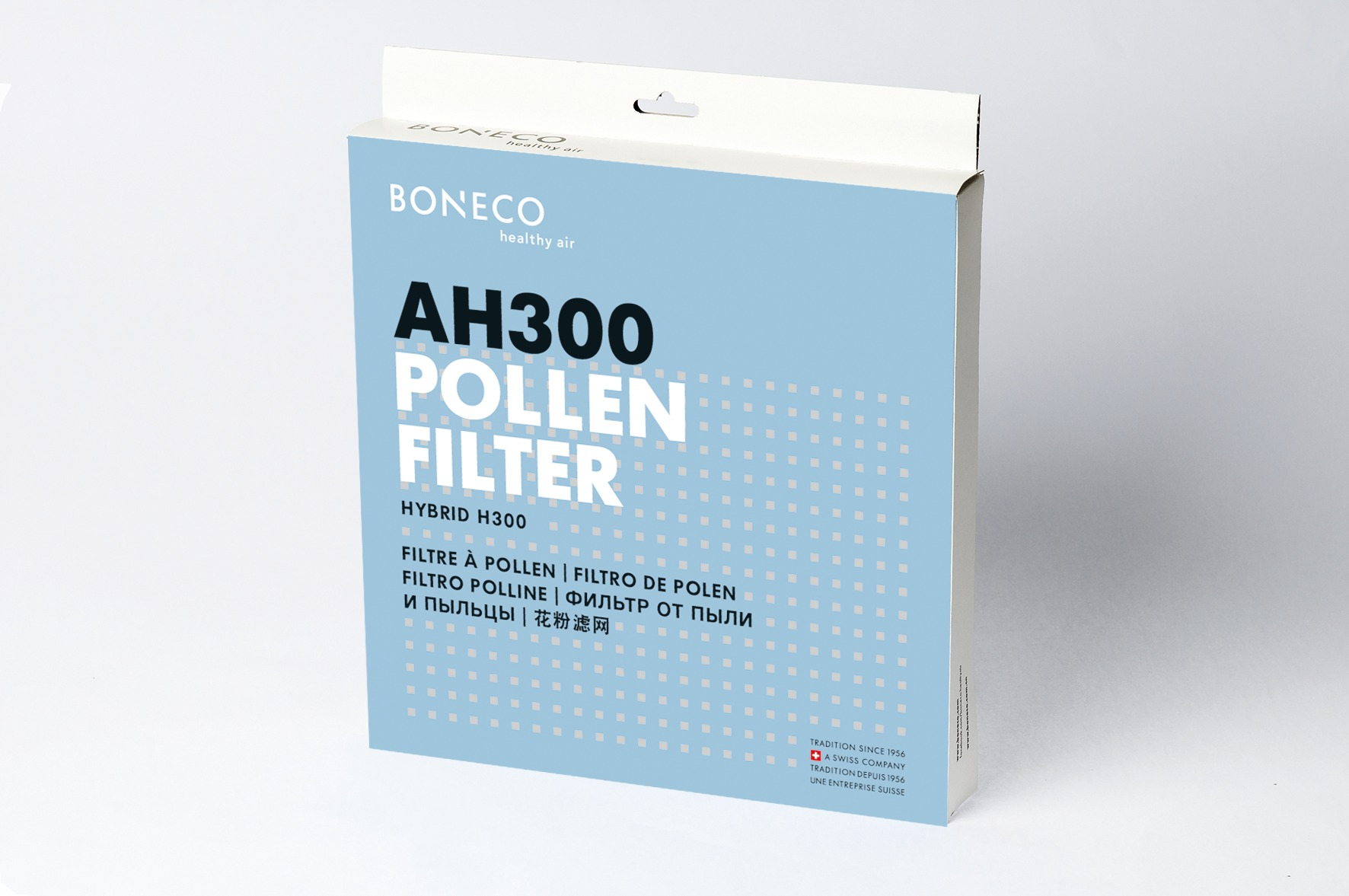 BONECO AH300 Pollenfilter-Box. Hellblau und weiß, mit Produktinfo. Weißer Hintergrund.