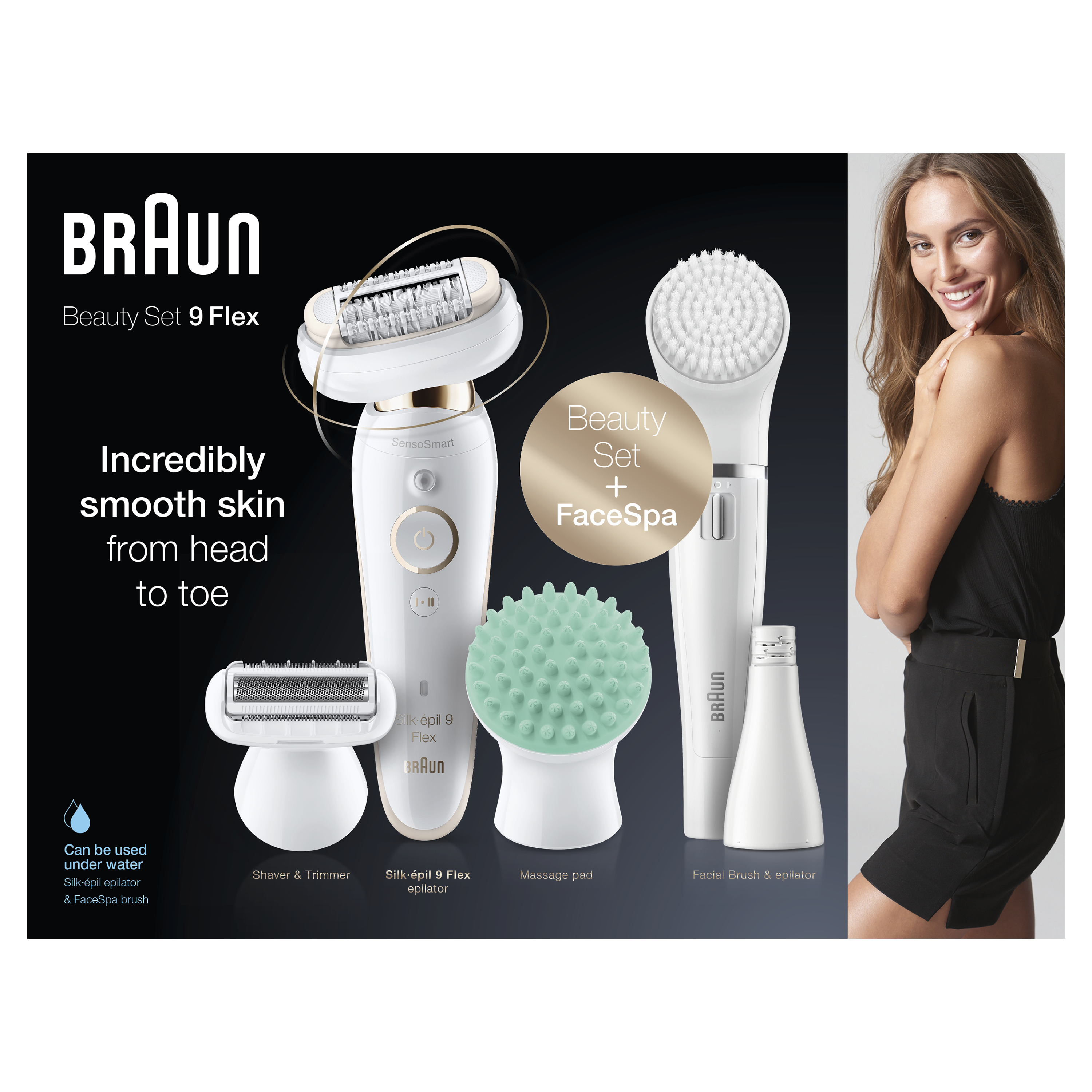 Een Braun Beauty Set 9 Flex met accessoires en een lachende vrouw op de achtergrond.