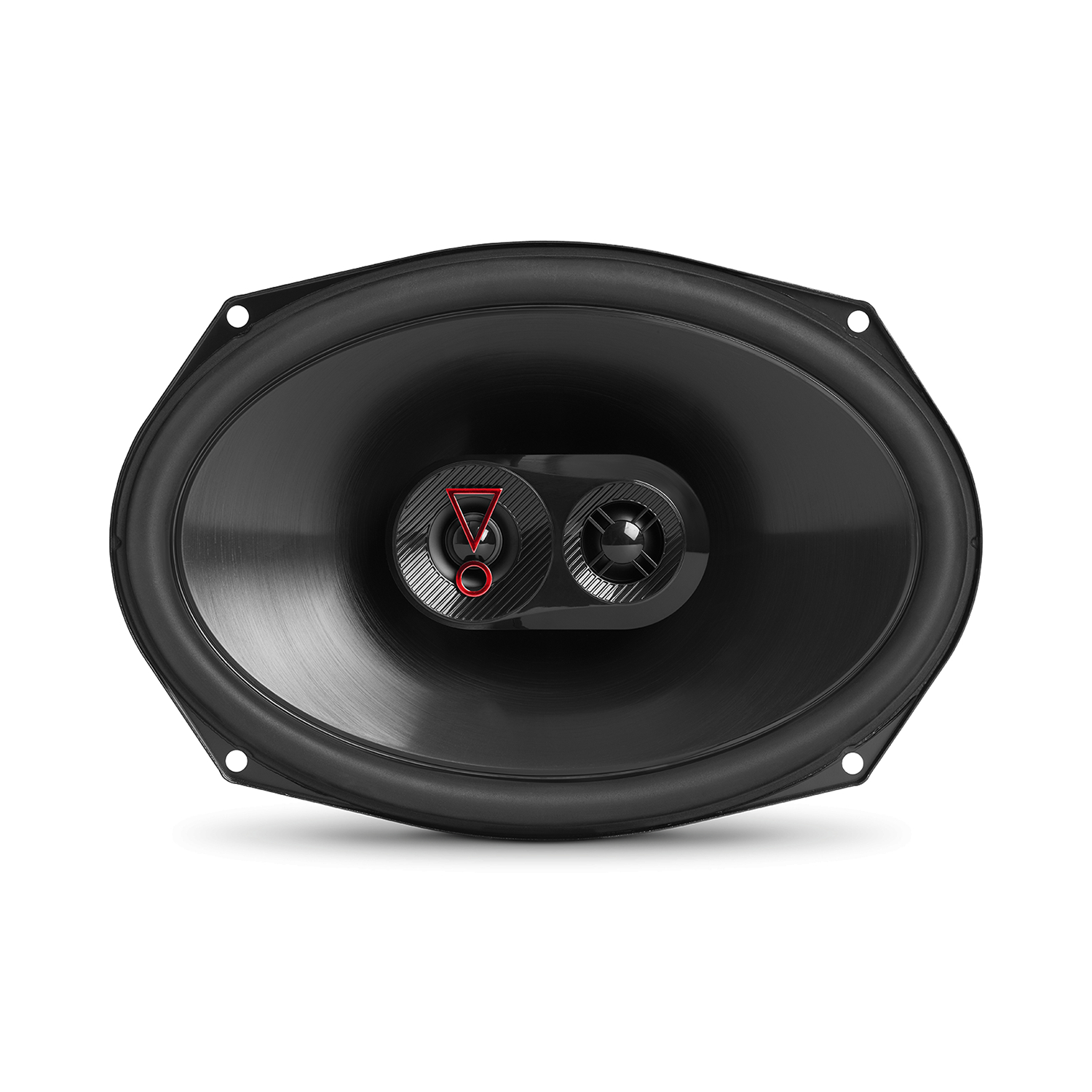 Black speaker with a red JBL logo in the center. The speaker is oval shaped.
