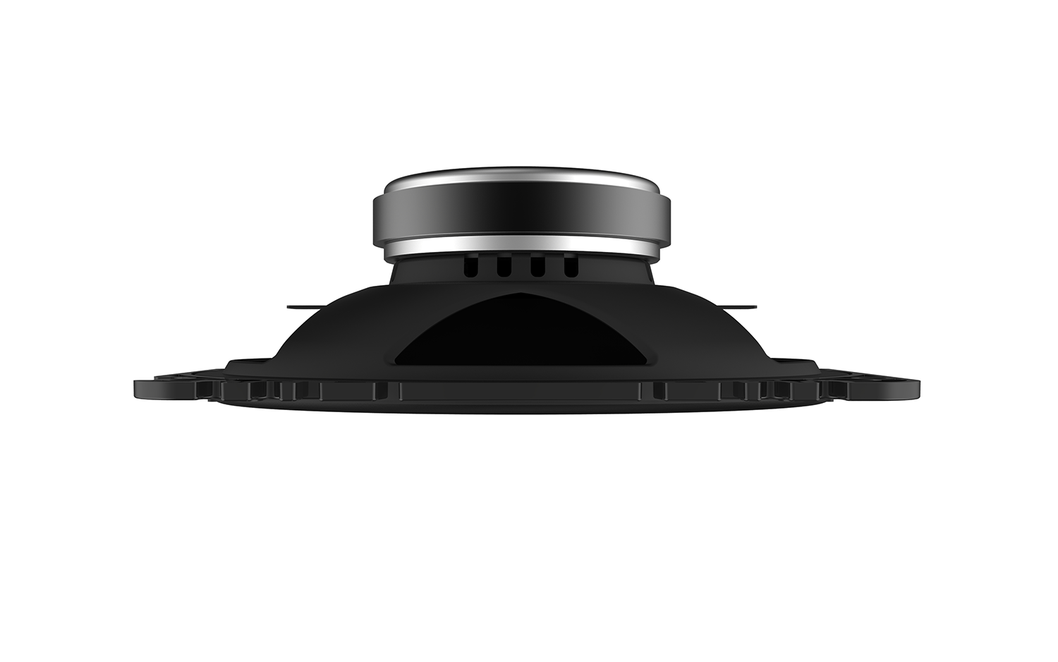 A black speaker component with a silver center, side view, on white background.