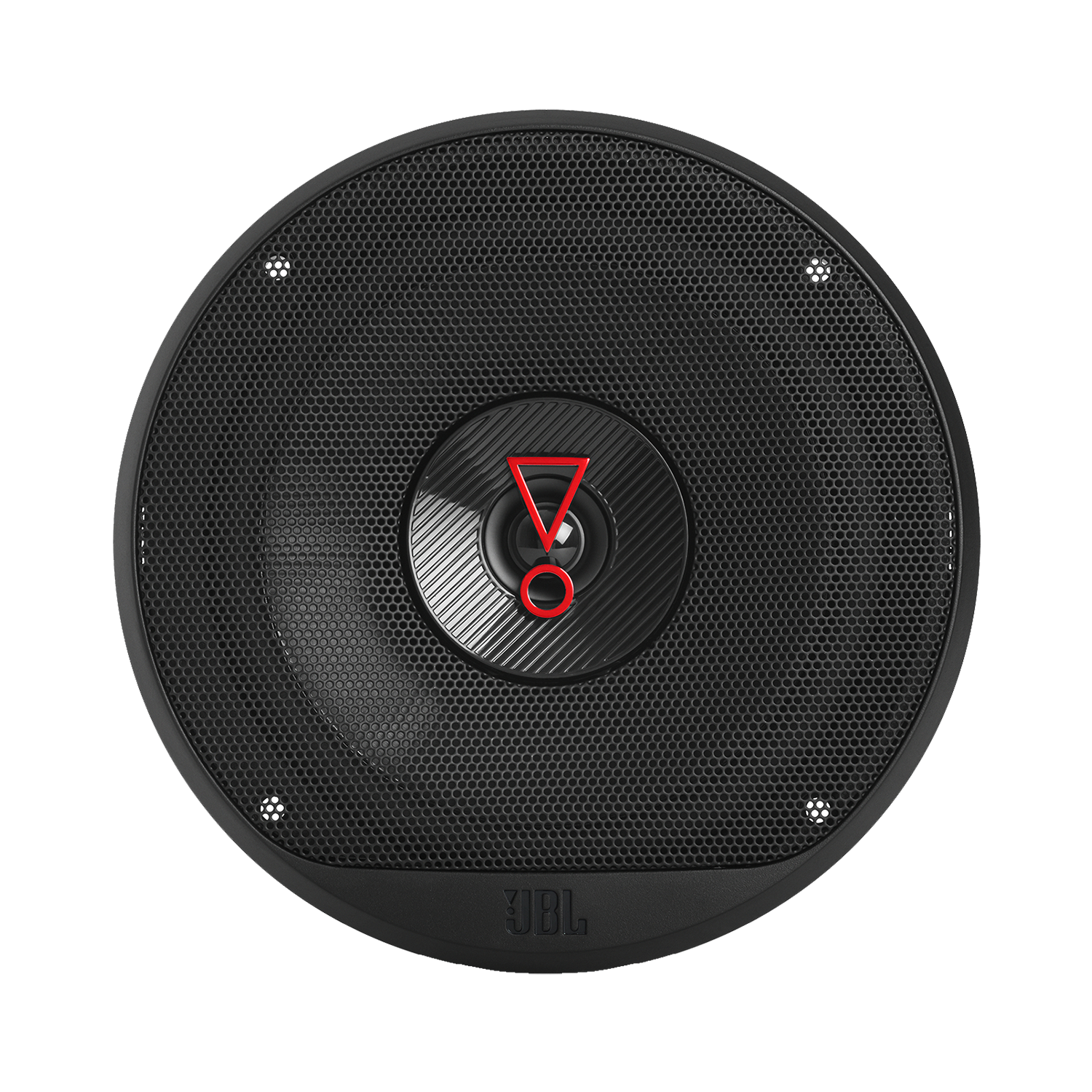 Zwarte JBL-luidspreker met een rood logo in het midden. De luidspreker heeft een mesh rooster.