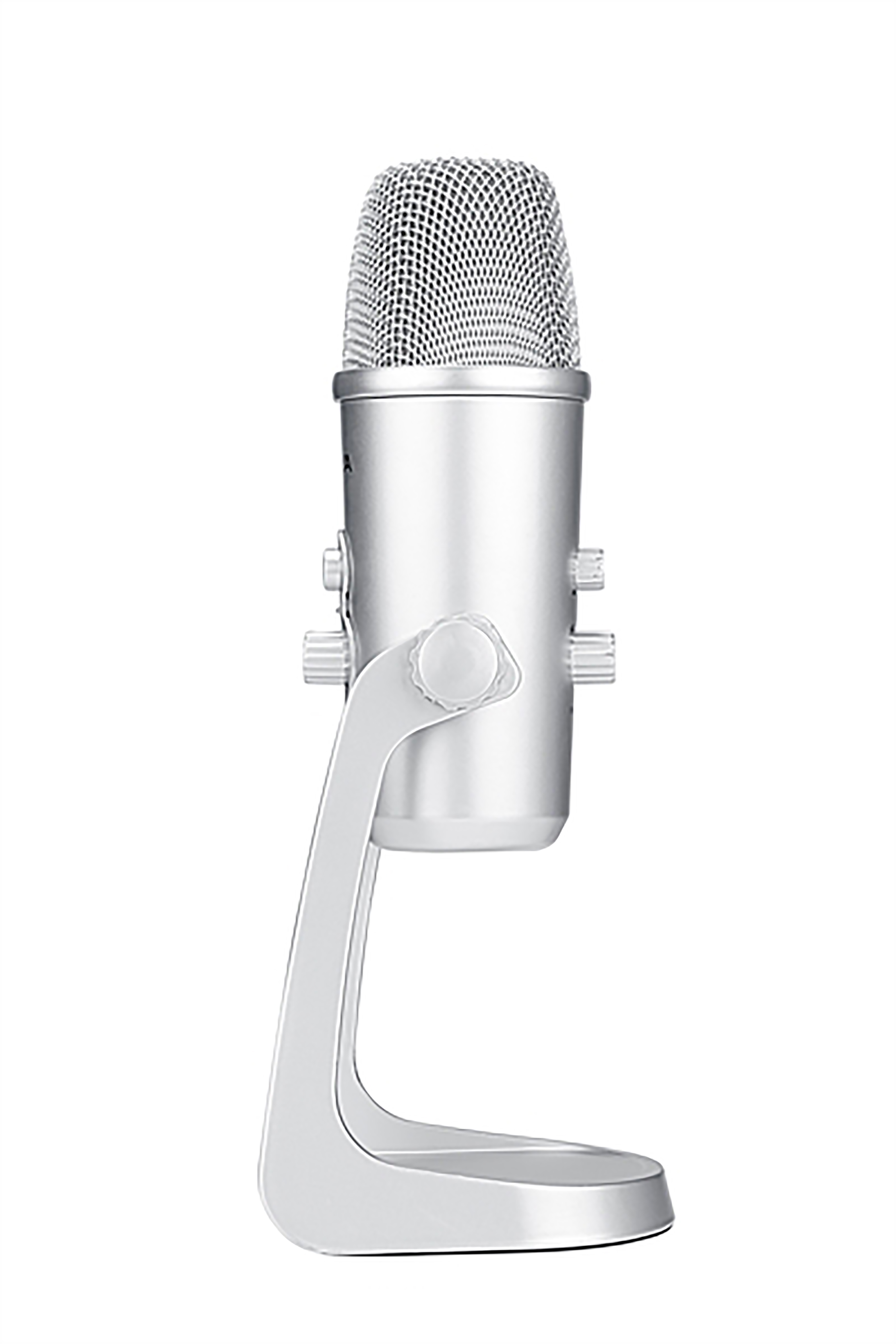 Silver microphone on a stand. The microphone is facing up.