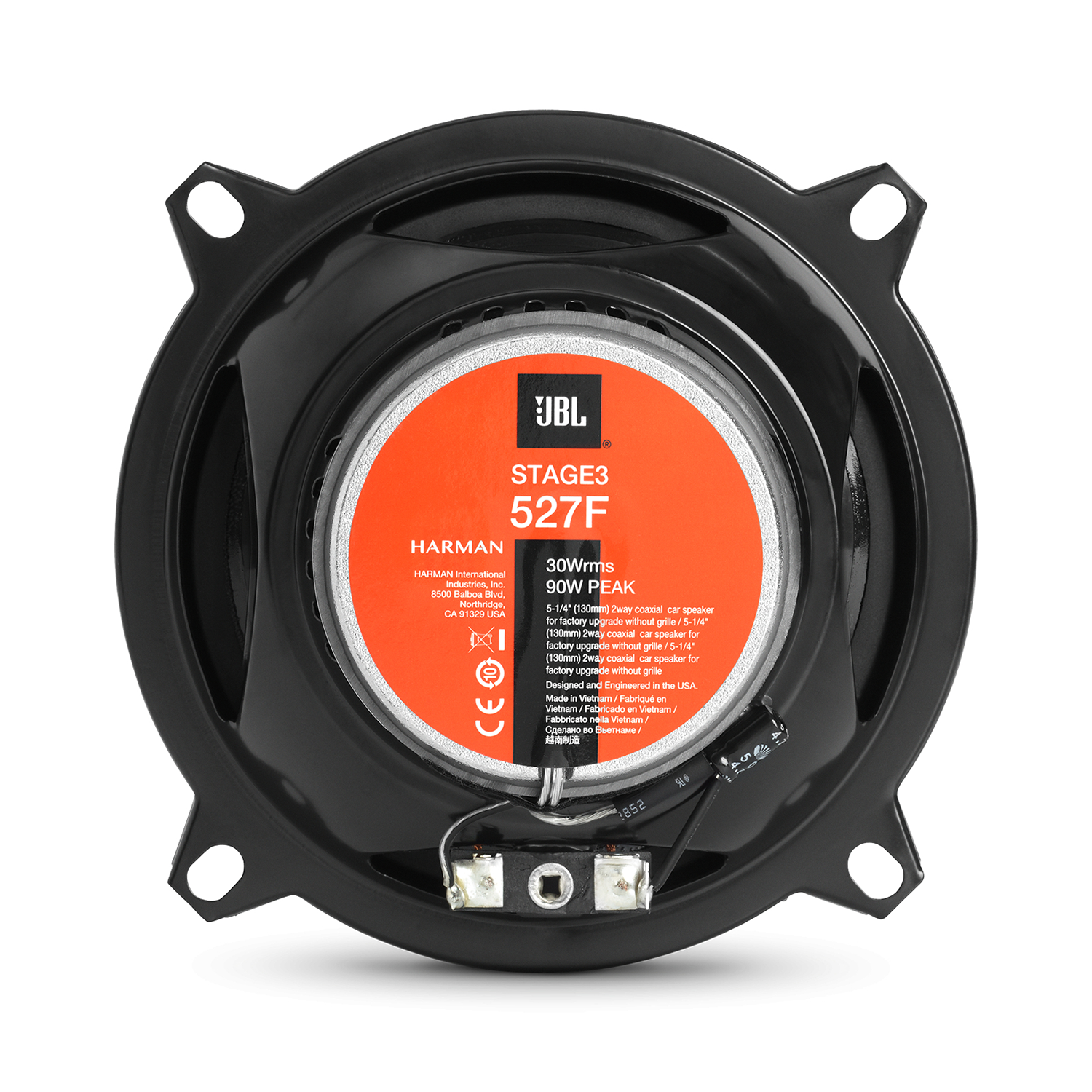 Een JBL Stage3 527F autospeaker, met de details van de speaker zichtbaar.