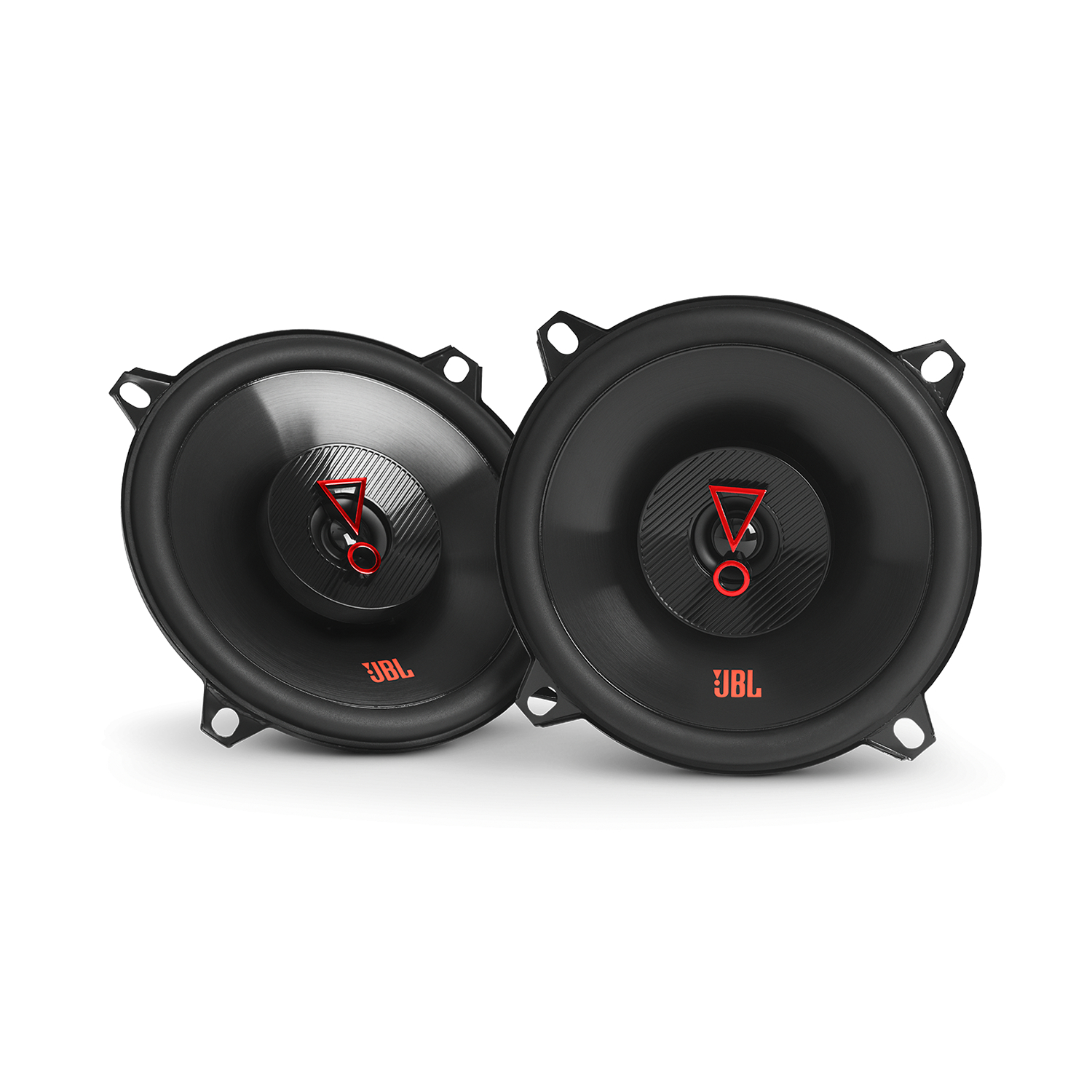 Twee zwarte JBL-luidsprekers met een rood JBL-logo en een gaascentrum.