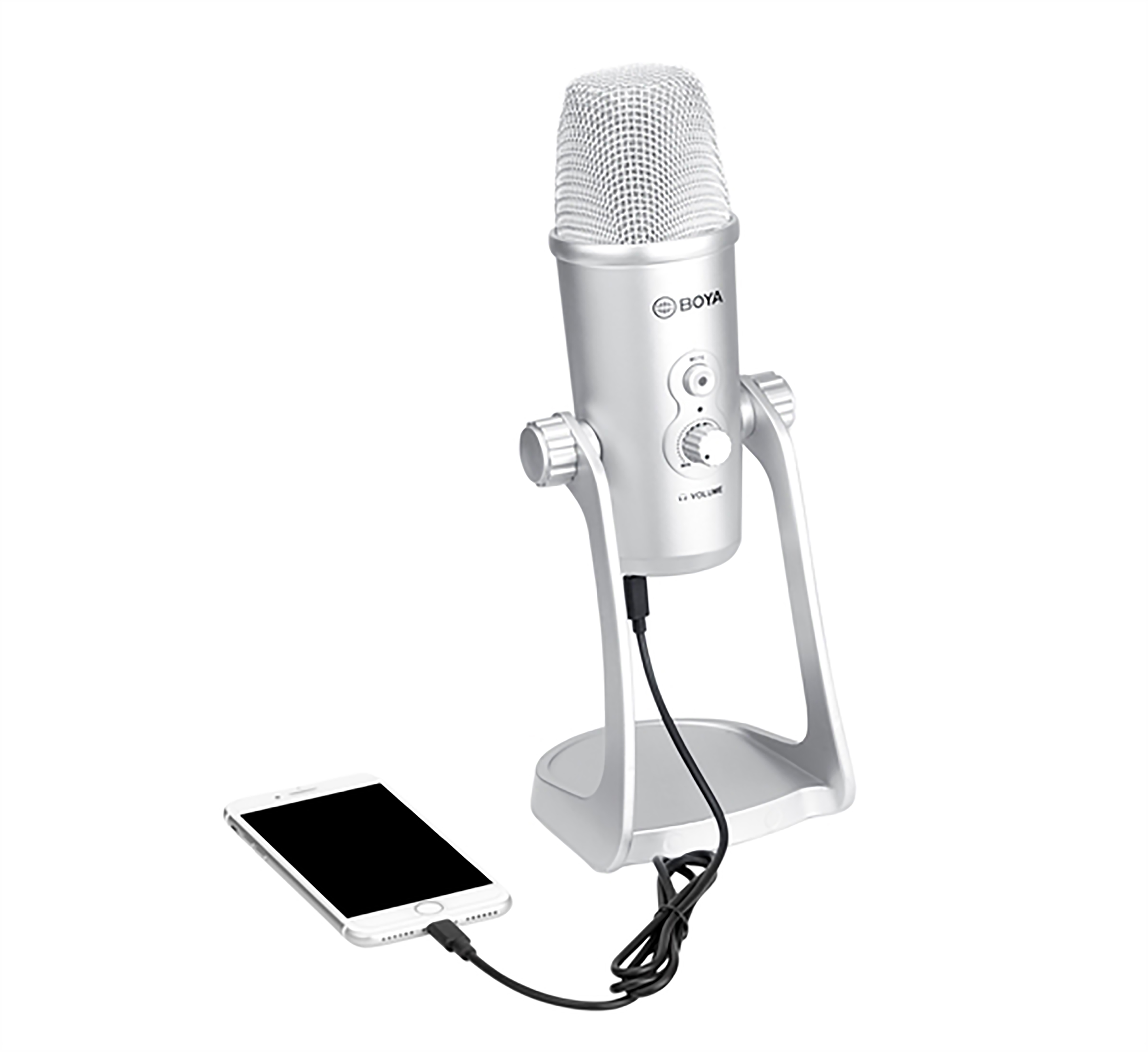 Silver microphone on a stand, connected to a phone with a black cable.