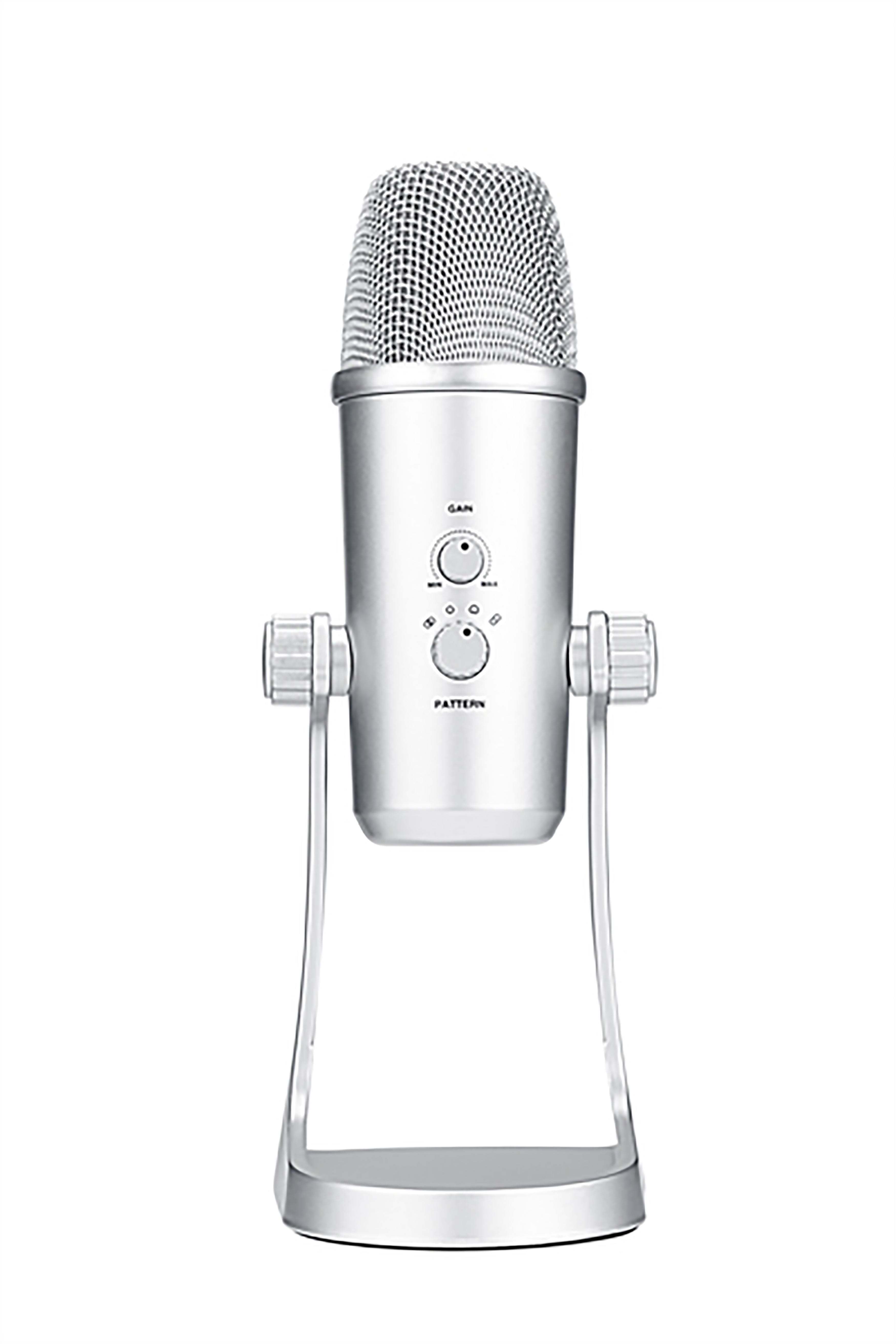 A silver microphone on a stand with dials on the front.