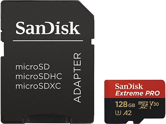 SANDISK Extreme PRO® 170MB/S CL10 A2+AD - Micro-SDXC-Speicherkarte  (128 GB, 170 MB/s, Schwarz)