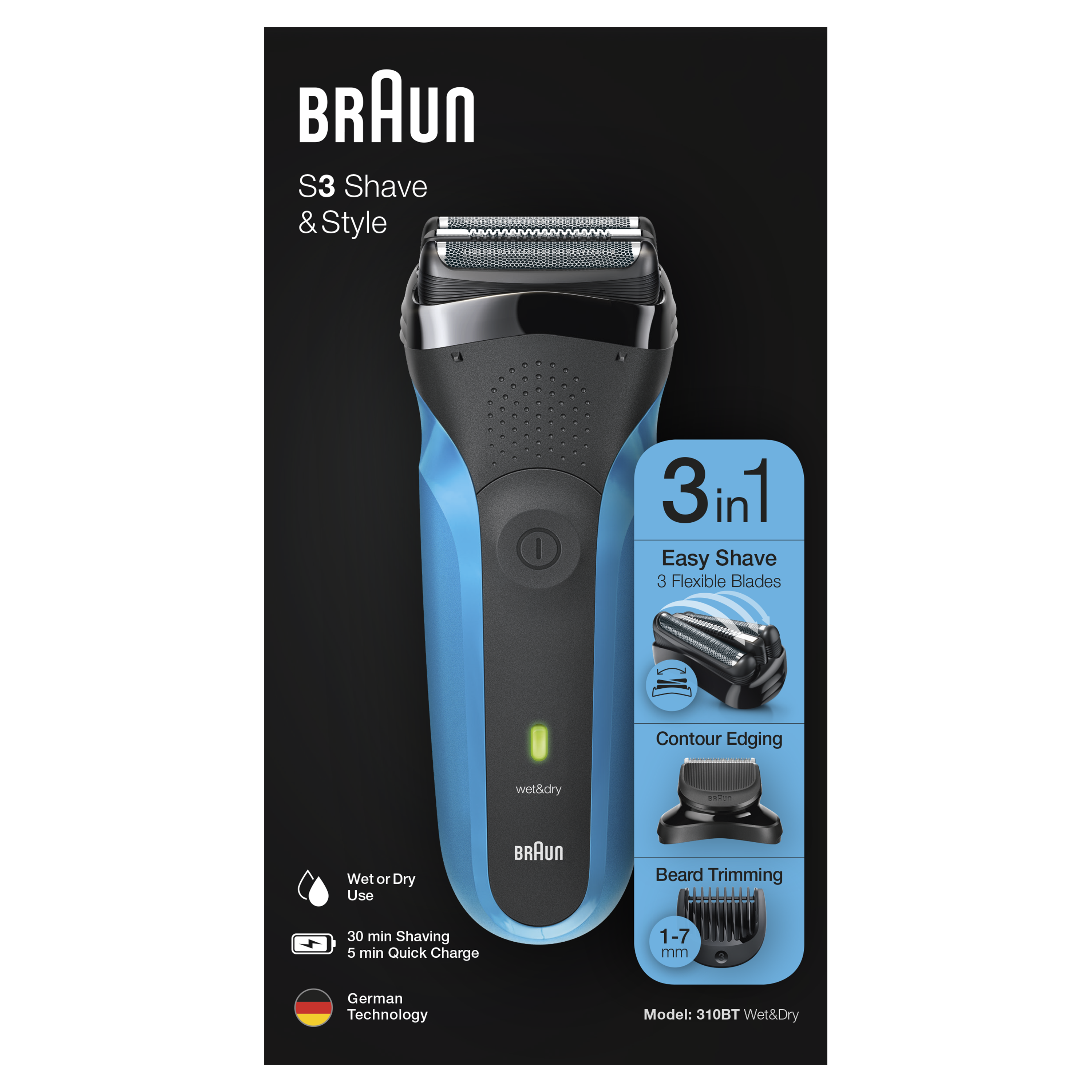 Rasoir électrique Braun S3 Shave & Style sur fond noir, avec caractéristiques et schémas.