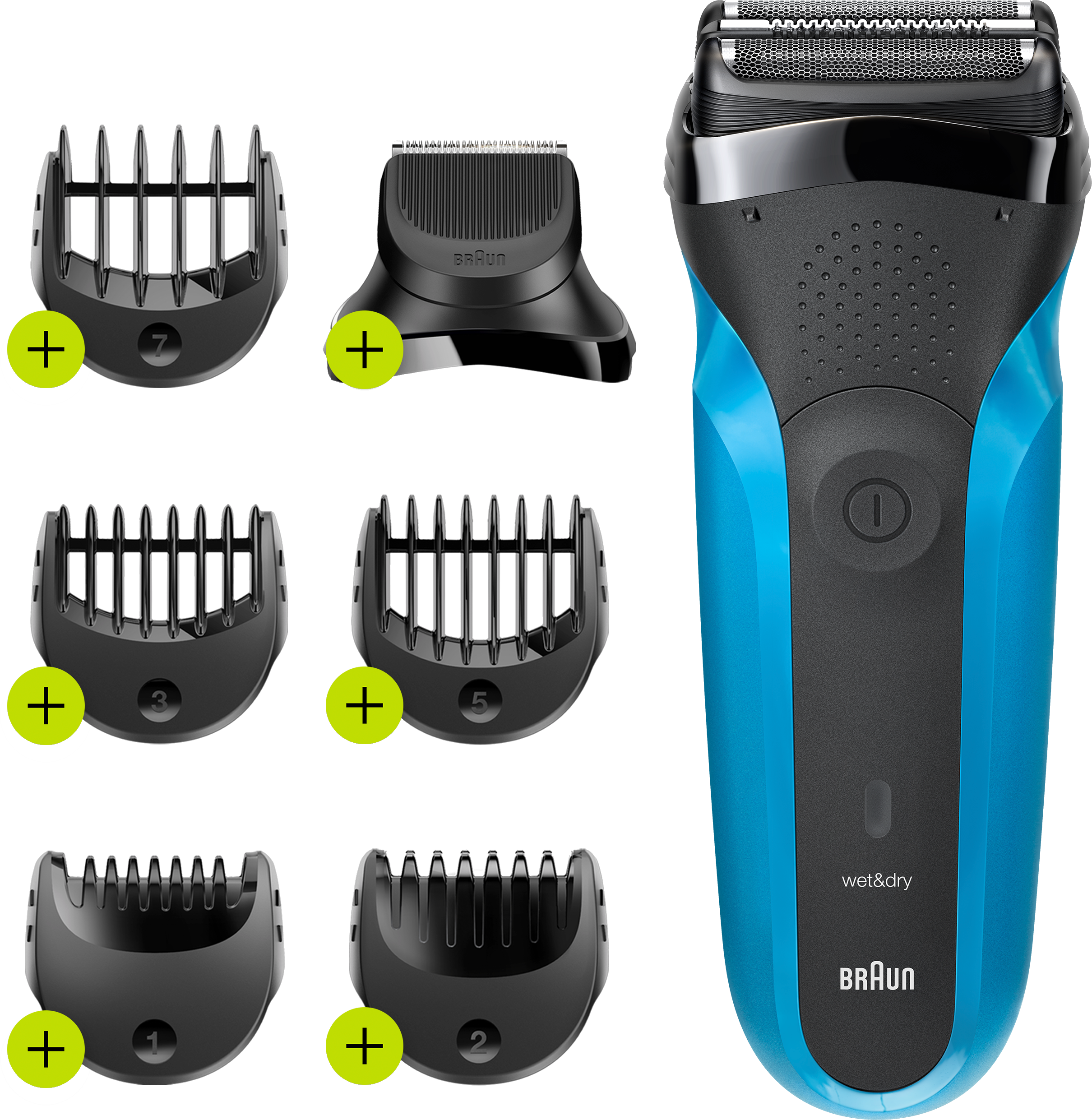 Rasoir électrique avec accessoires. Comprend des peignes pour différentes longueurs de barbe et un rasoir bleu et noir.