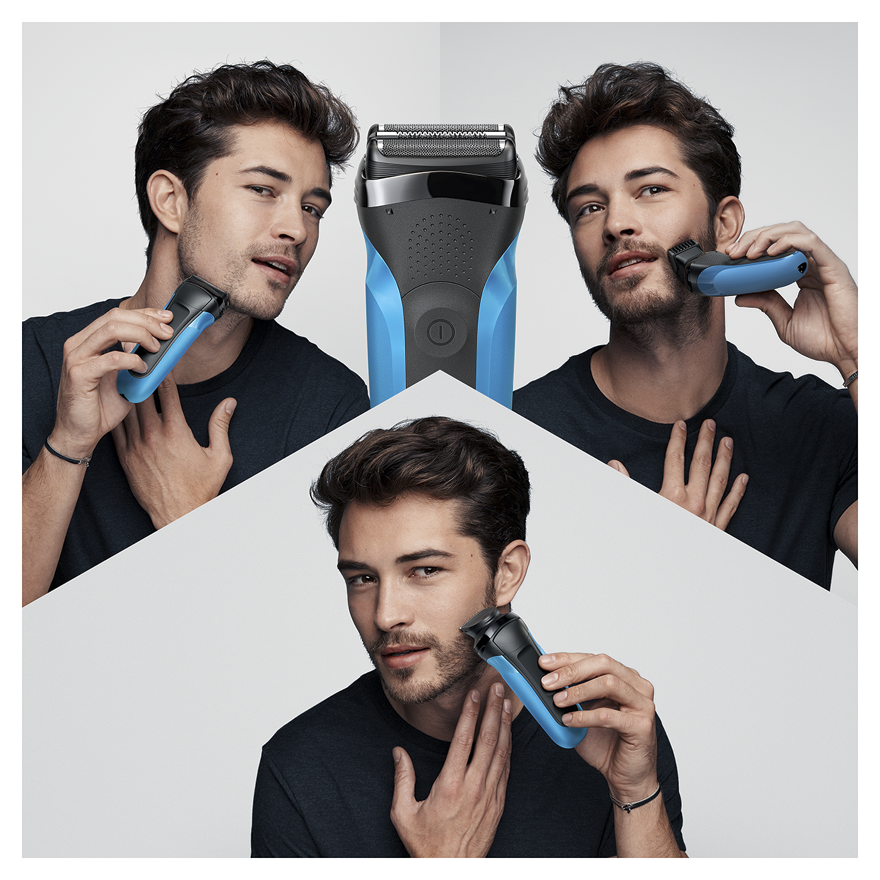 Trois images d'un homme utilisant un rasoir Braun Series 3 bleu et noir.