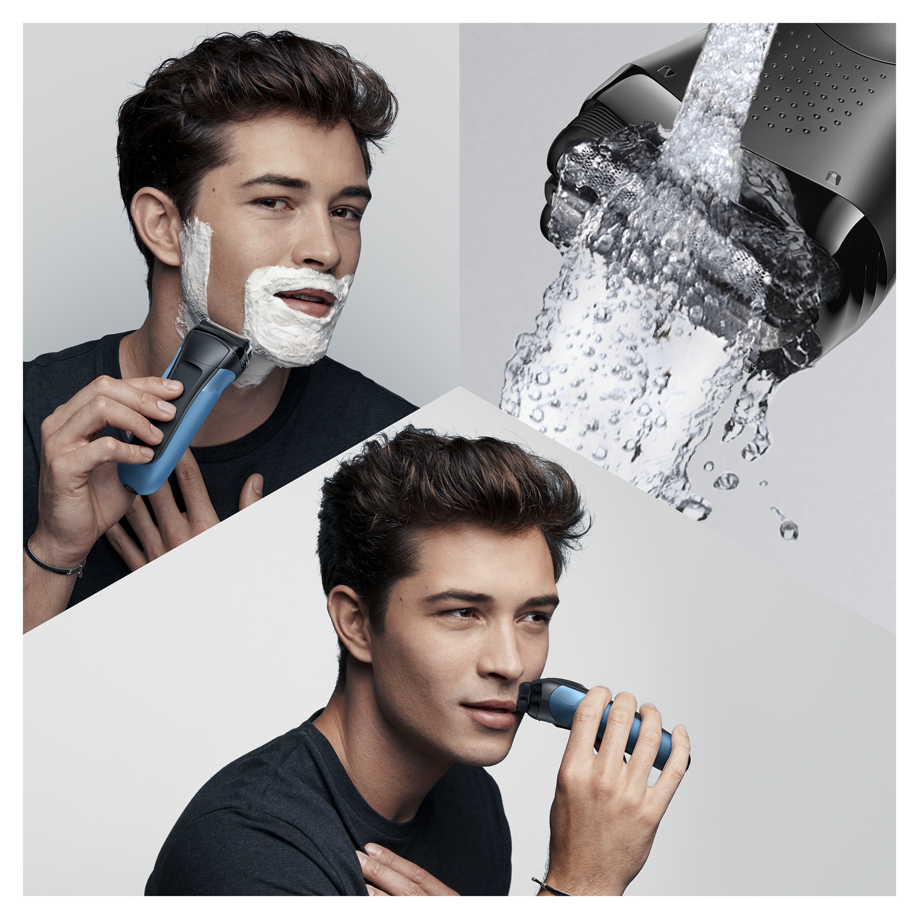 Image en trois parties: homme se rasant avec rasoir bleu, un autre se rasant et eau rinçant une tête de rasoir.