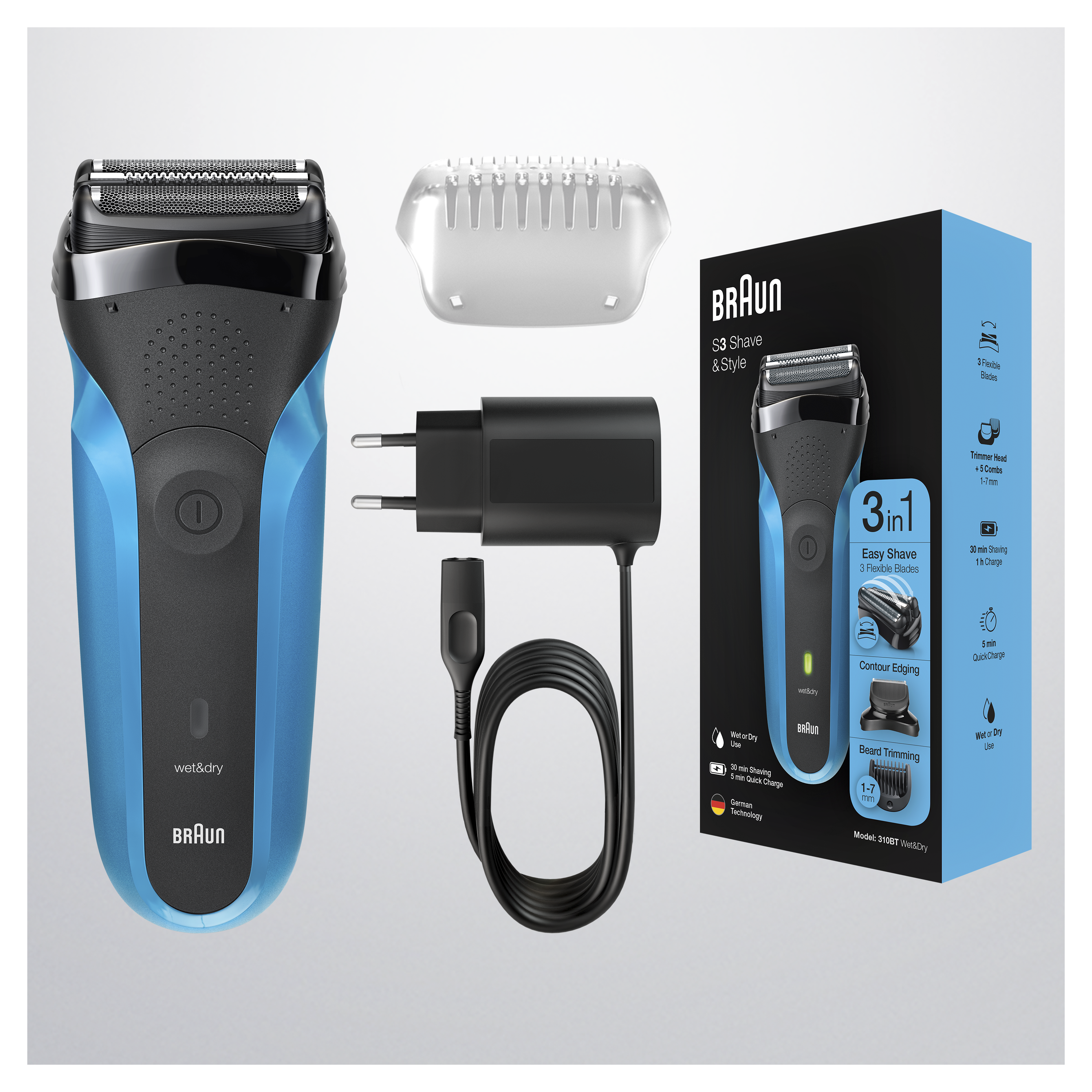 Rasoir électrique avec accessoires, design bleu et noir, avec une boîte.