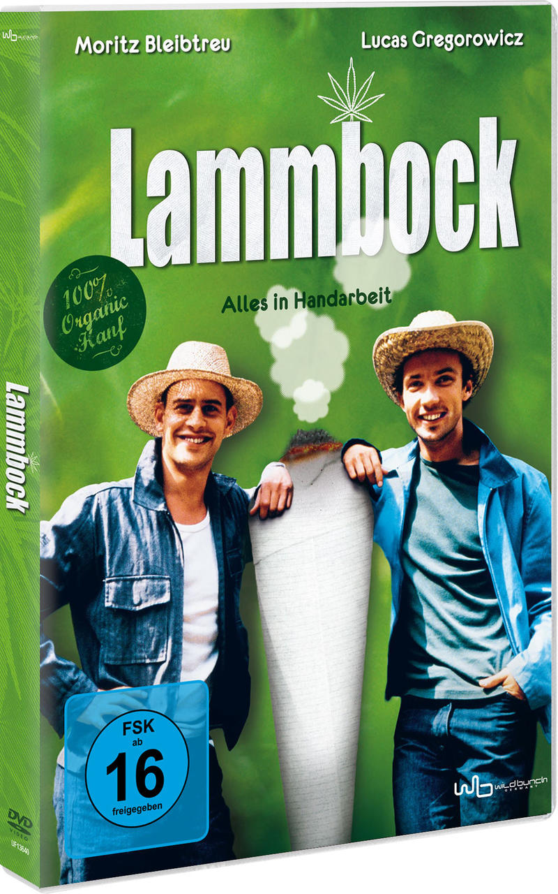 Eine DVD-Hülle mit zwei Männern, Marihuana und dem Titel Lammbock.