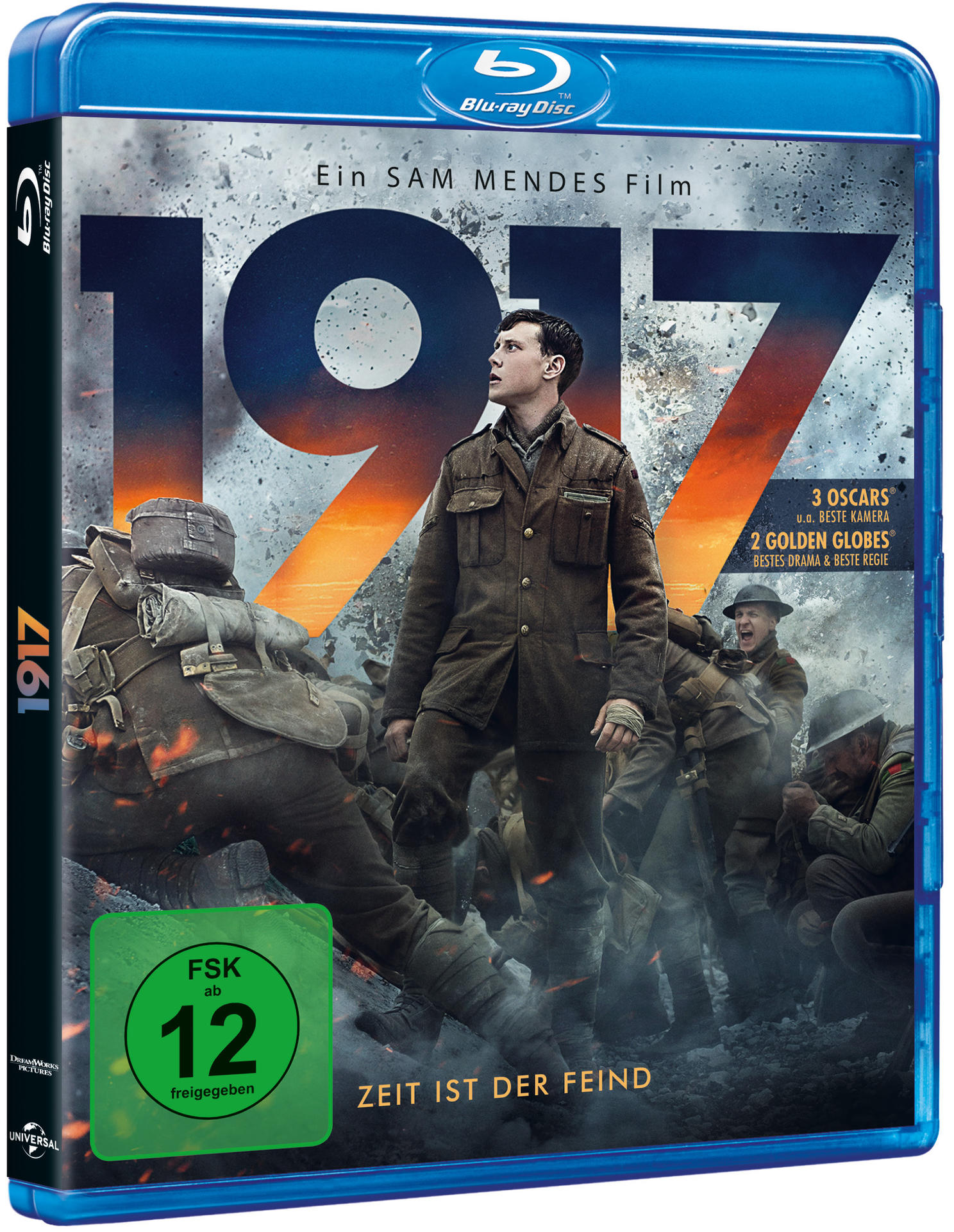 Cover des Films '1917' mit Soldaten im Ersten Weltkrieg und Auszeichnungen.